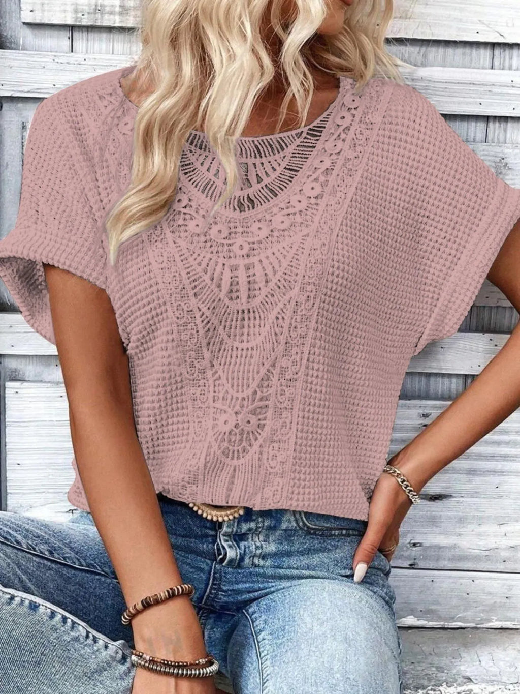 Crochet Lace Short Sleeve Casual T-Shirt - Blushé Belle