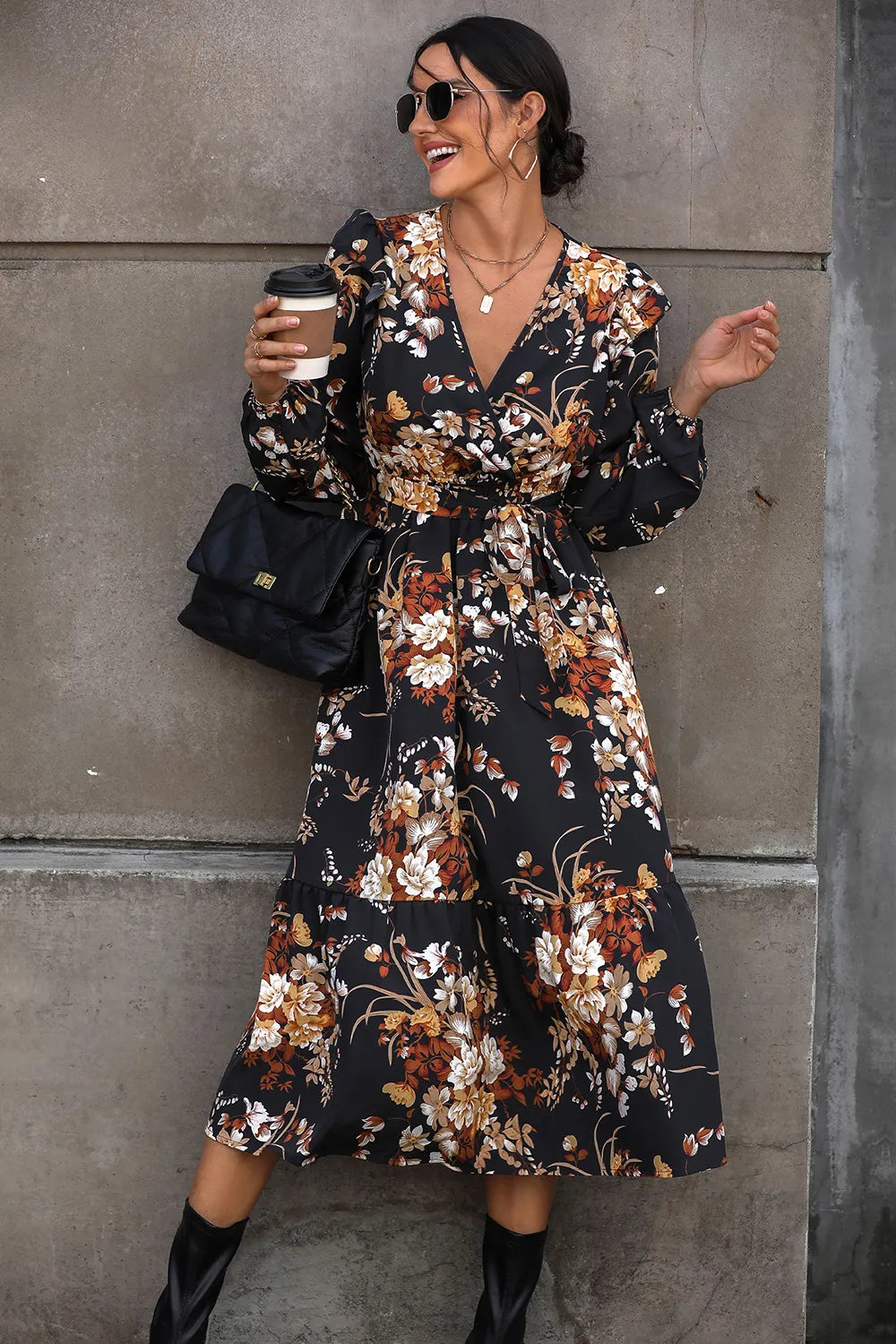 Perfee Floral Surplice Tie Front Ruffle Hem Midi Dress - Blushé Belle