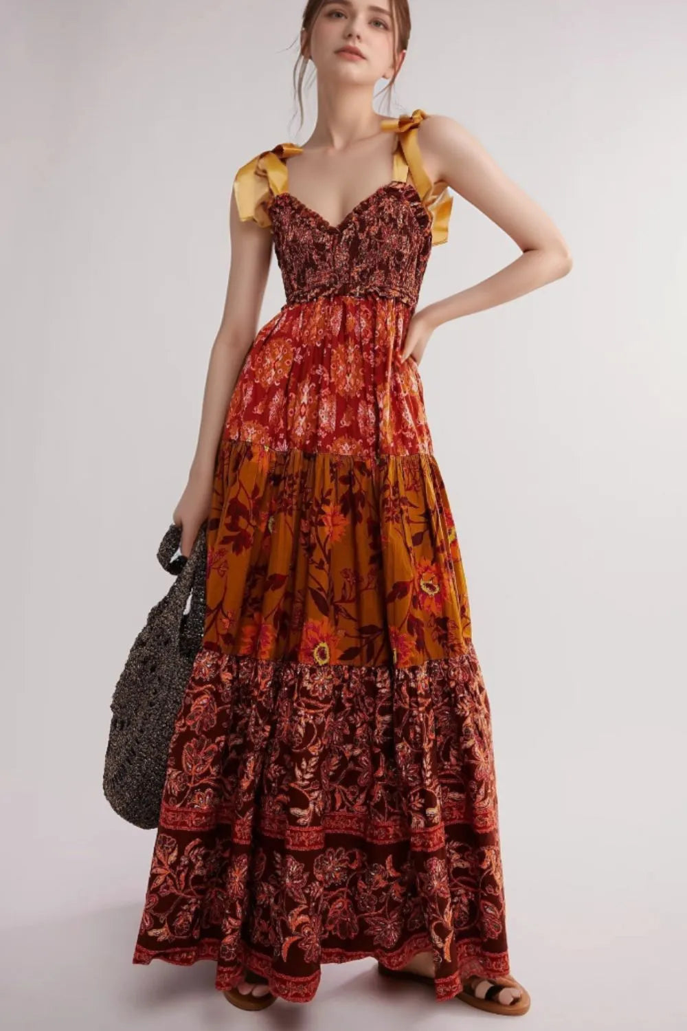 Floral Tiered Maxi Dress with Mixed Print Design - Blushé Belle