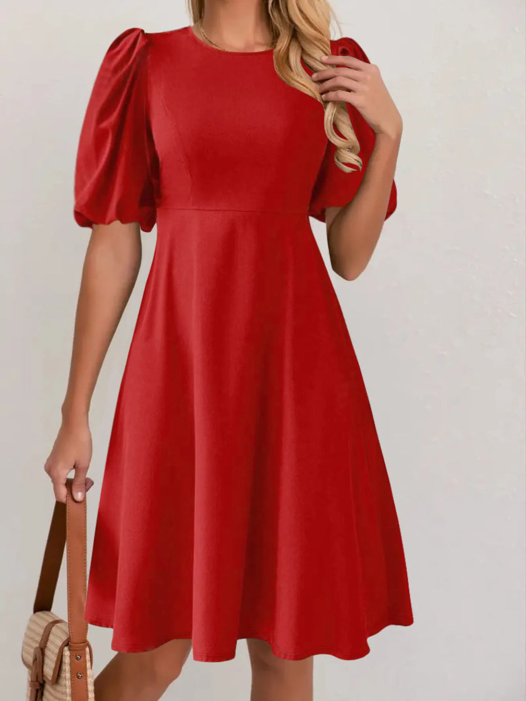 Round Neck Puff Sleeve A-Line Dress - Blushé Belle