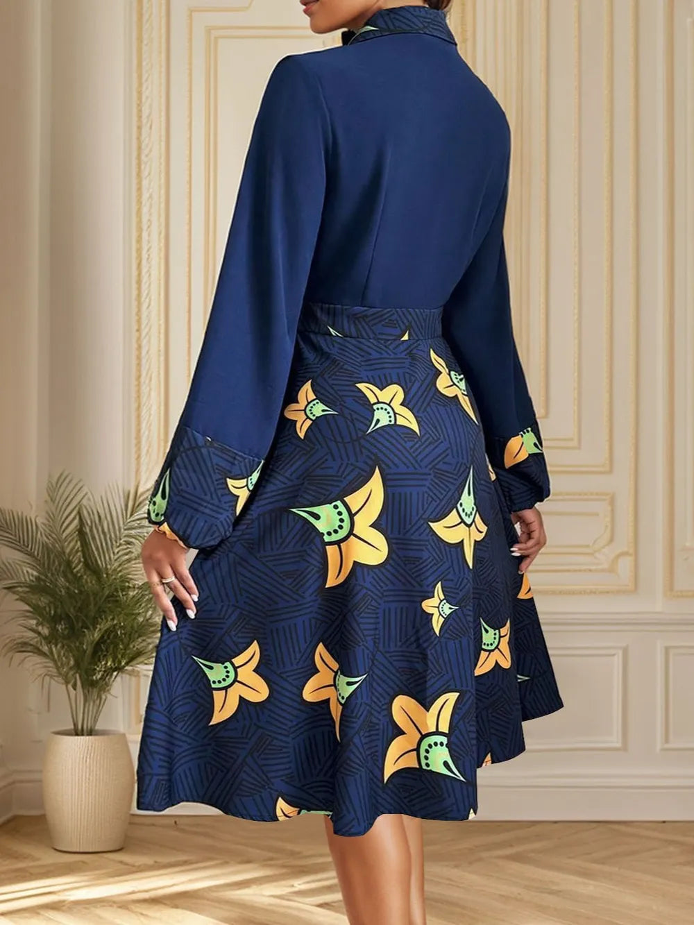 Perfee Printed Collared Neck Long Sleeve Dress - Blushé Belle