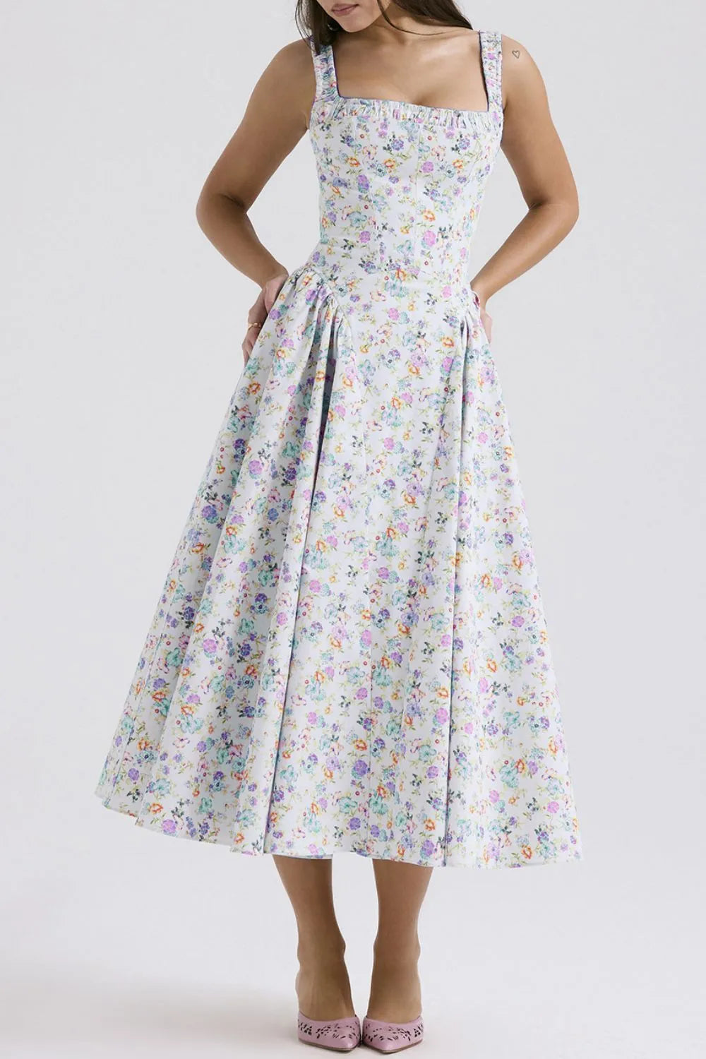 Floral Square Neck Wide Strap Midi Dress - Blushé Belle