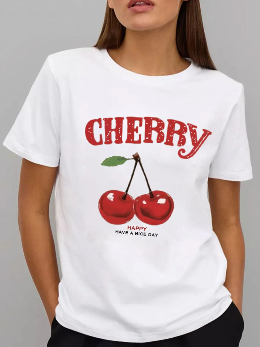 Plus Size Cherry Graphic Round Neck Short Sleeve T-Shirt - Blushé Belle
