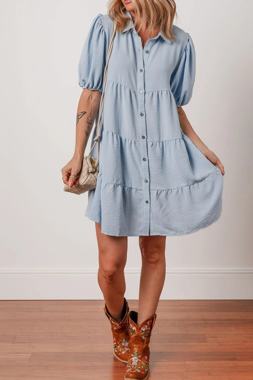 Button Up Puff Sleeve Tiered Shirt Dress - Blushé Belle