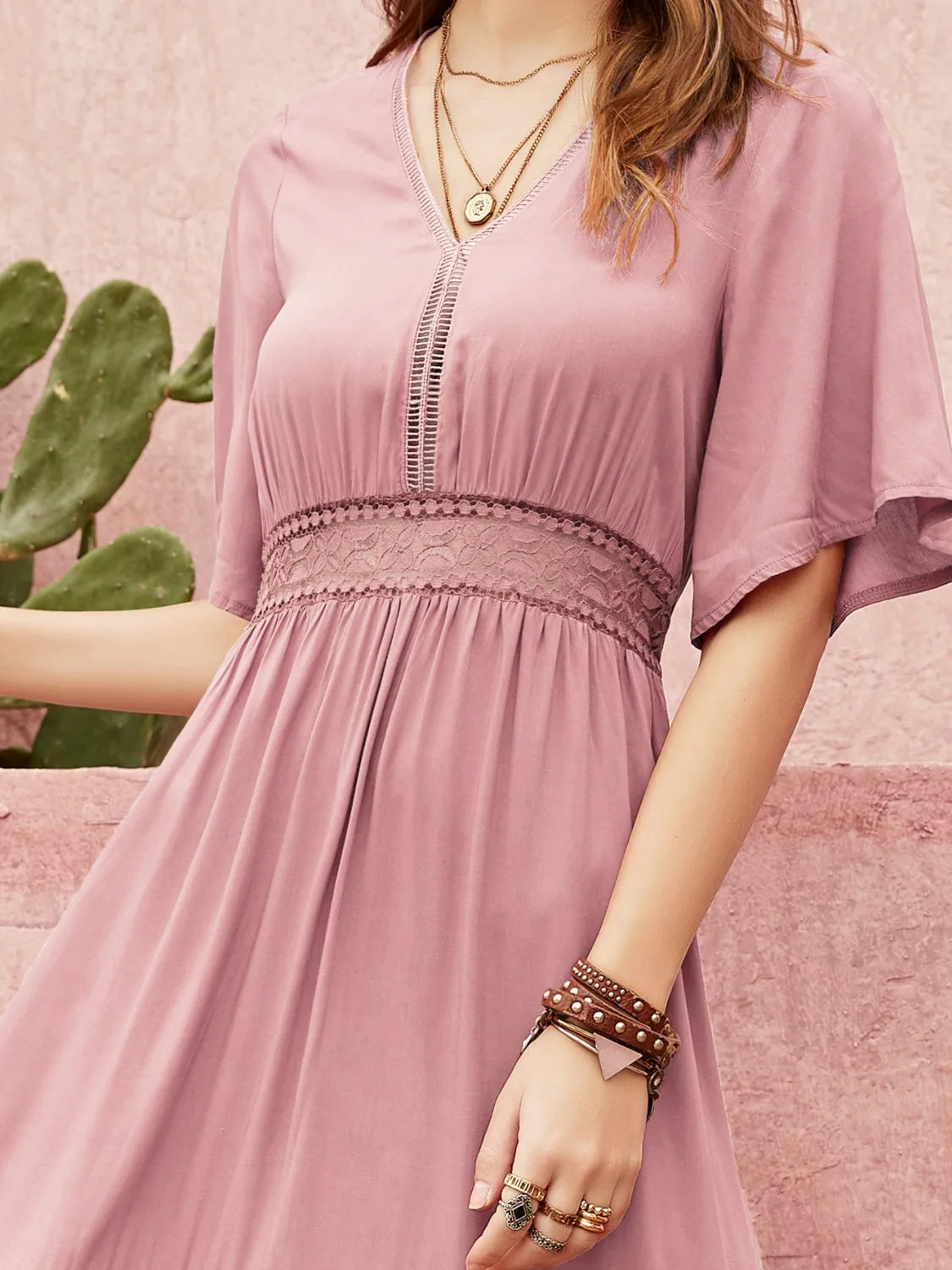 Lace Detail V-Neck Short Sleeve Dress - Blushé Belle