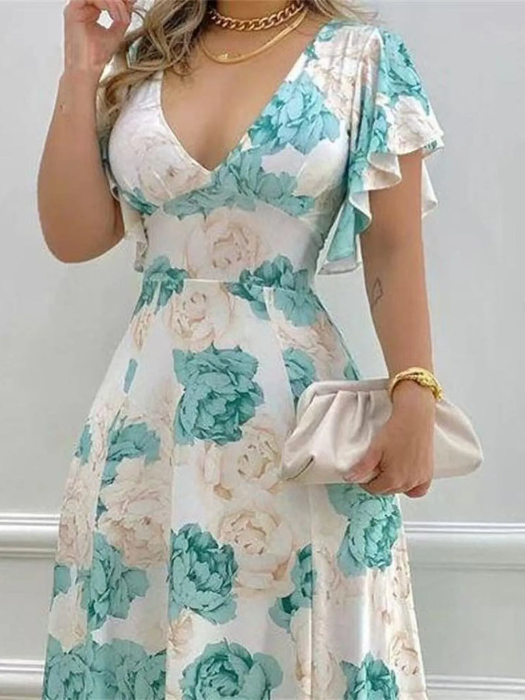 Plus Size Floral Print V-Neck Maxi Dress with Flutter Sleeves - Blushé Belle