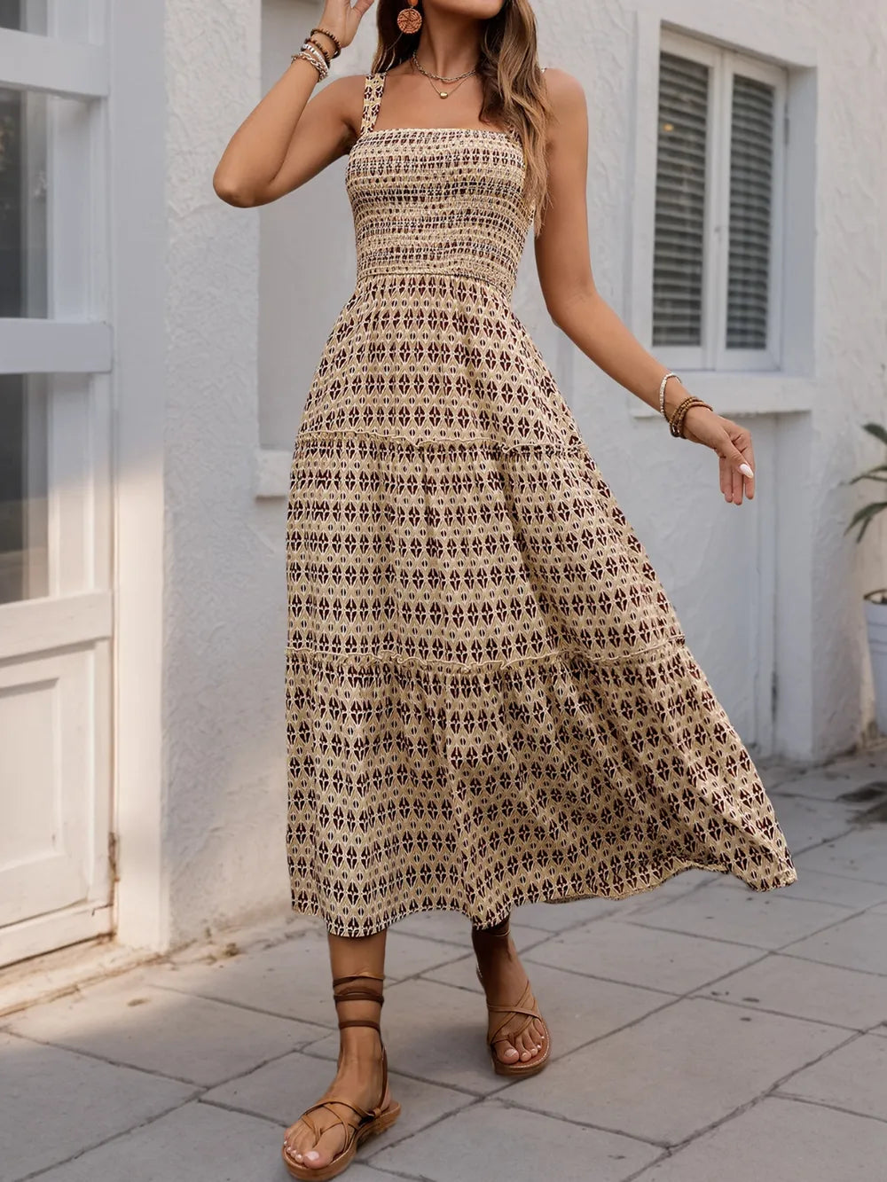 Printed Tiered Wide Strap Midi Dress - Blushé Belle