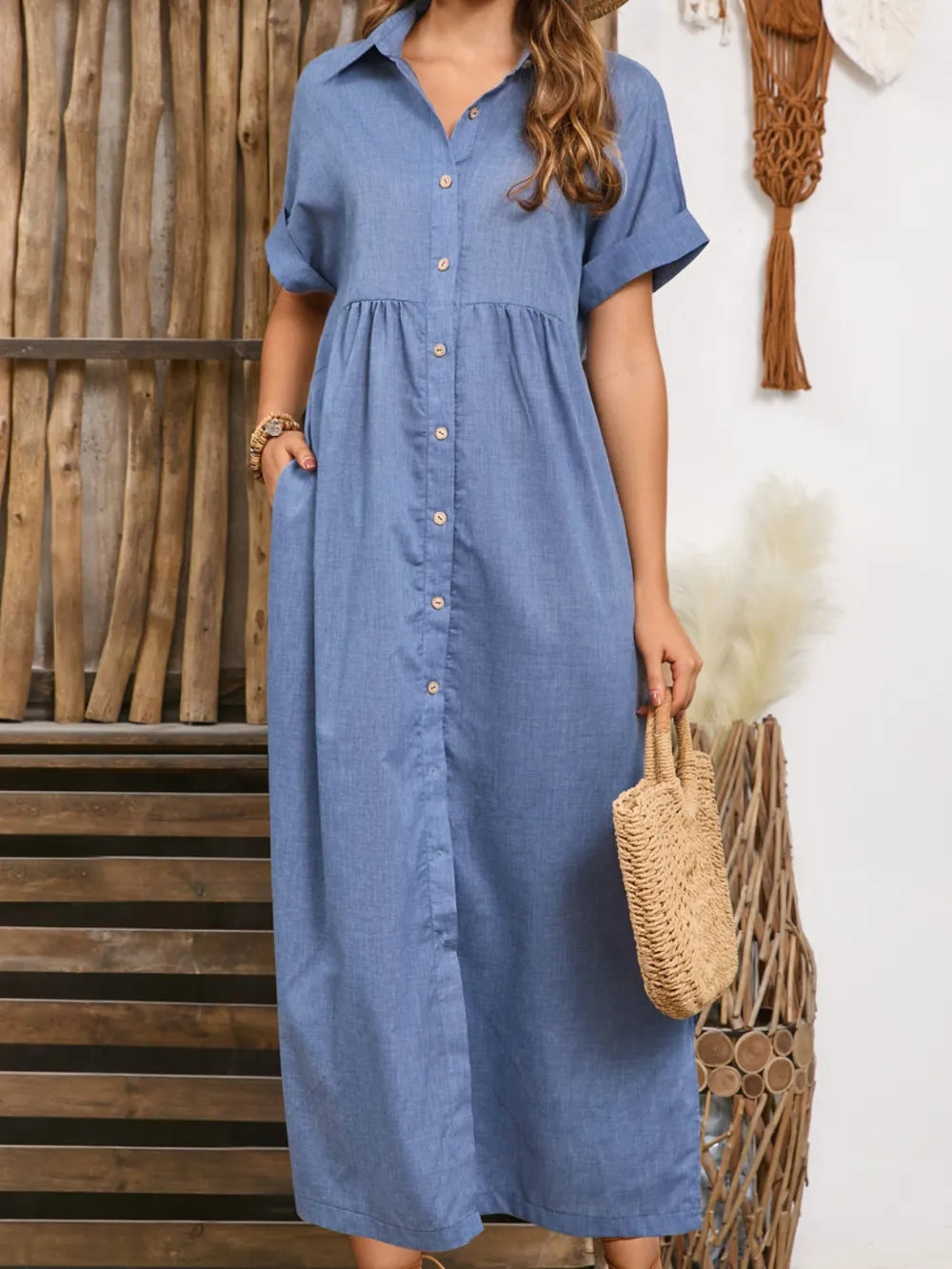 Slit Collared Neck Short Sleeve Midi Dress - Blushé Belle