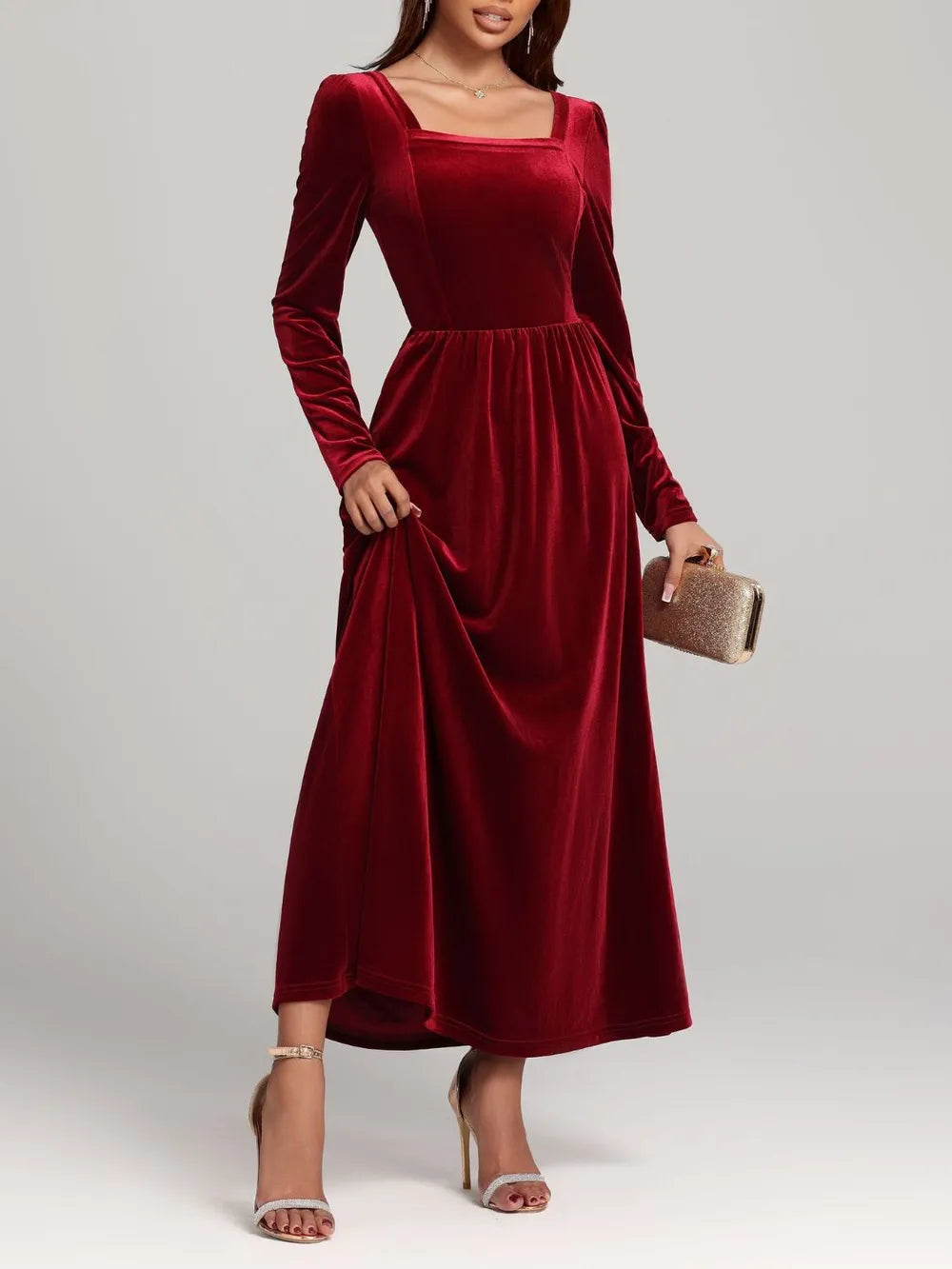Velvet Square Neck Long Sleeve Dress - Blushé Belle