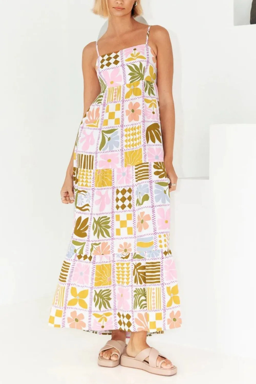 Cutout Back Printed Square Neck Maxi Cami Dress - Blushé Belle