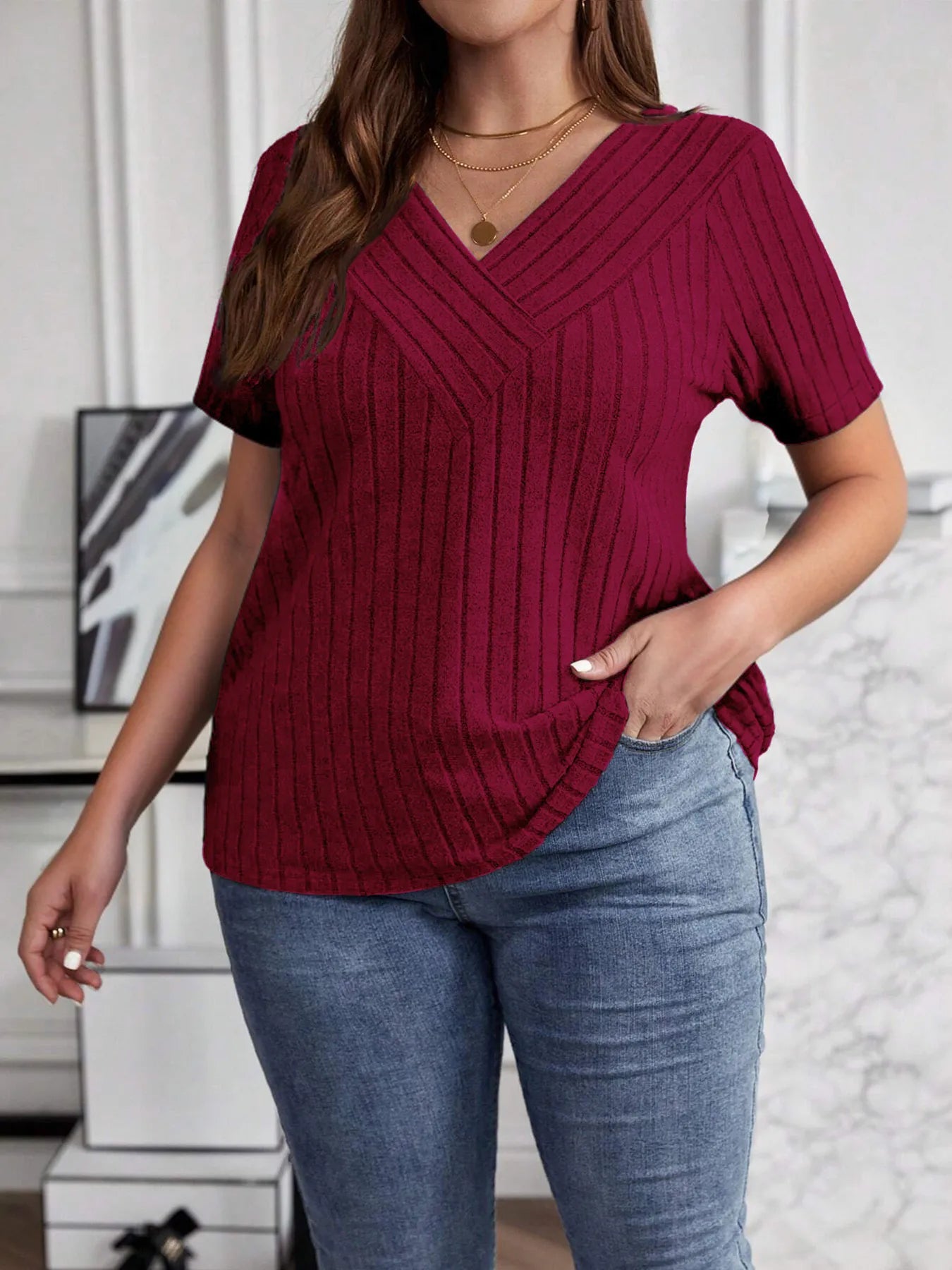 Plus Size V-Neck Short Sleeve Ribbed T-Shirt - Blushé Belle