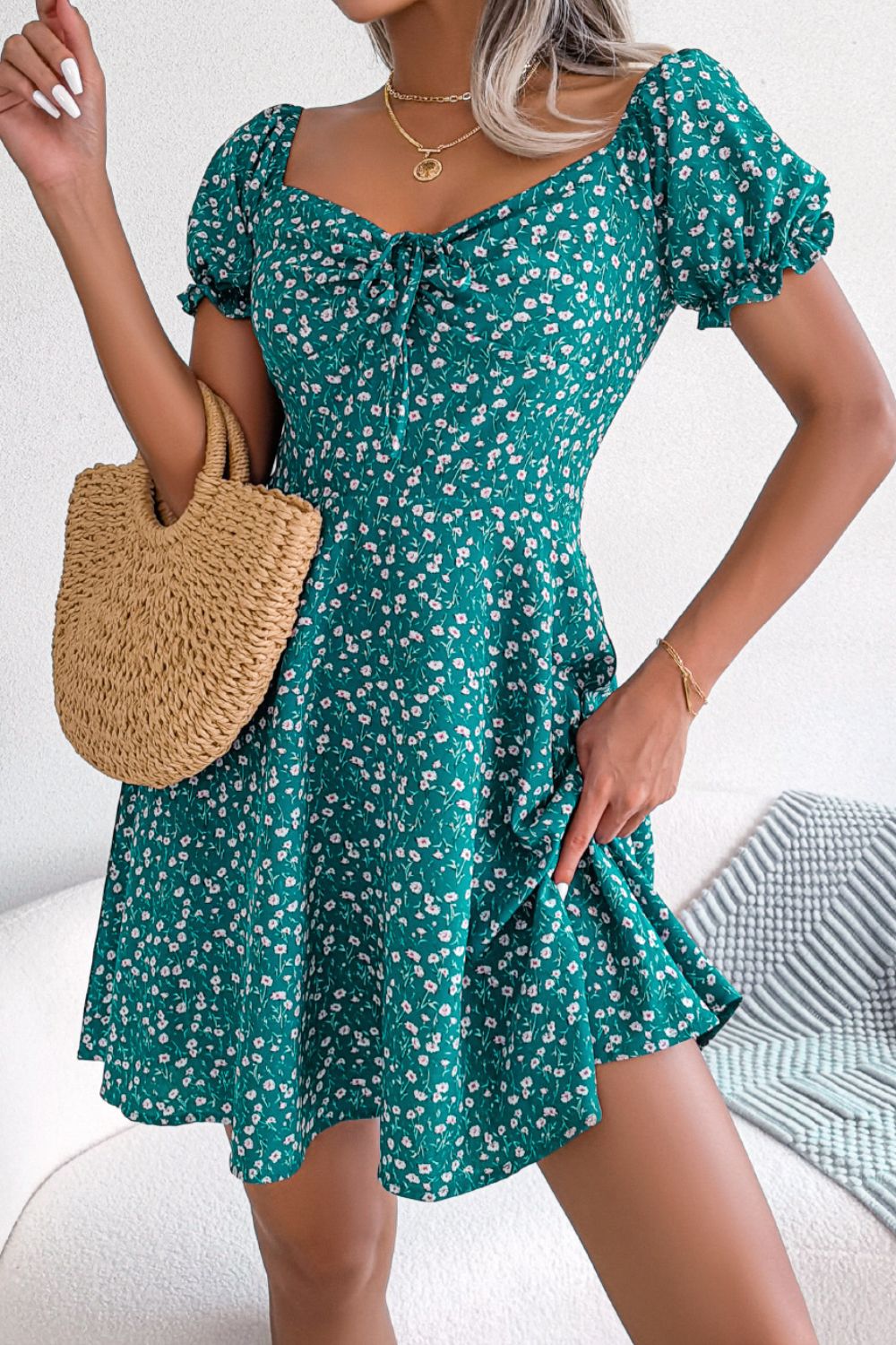 Ditsy Floral Drawstring A-Line Dress - Blushé Belle