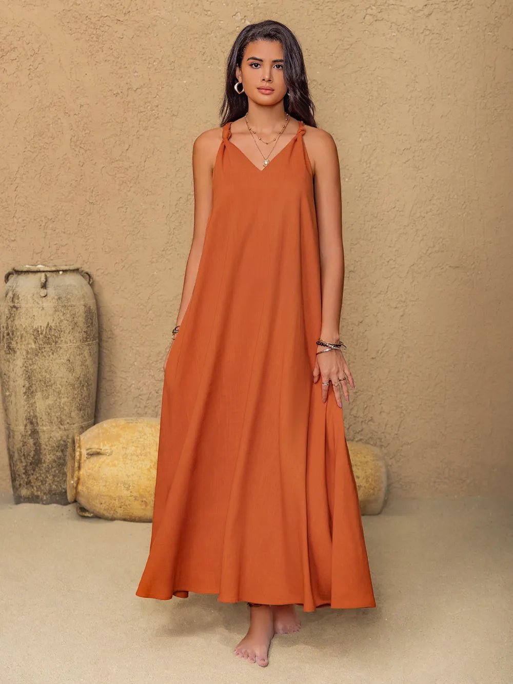Ruched Twisted Back Sleeveless Maxi Cami Dress - Blushé Belle