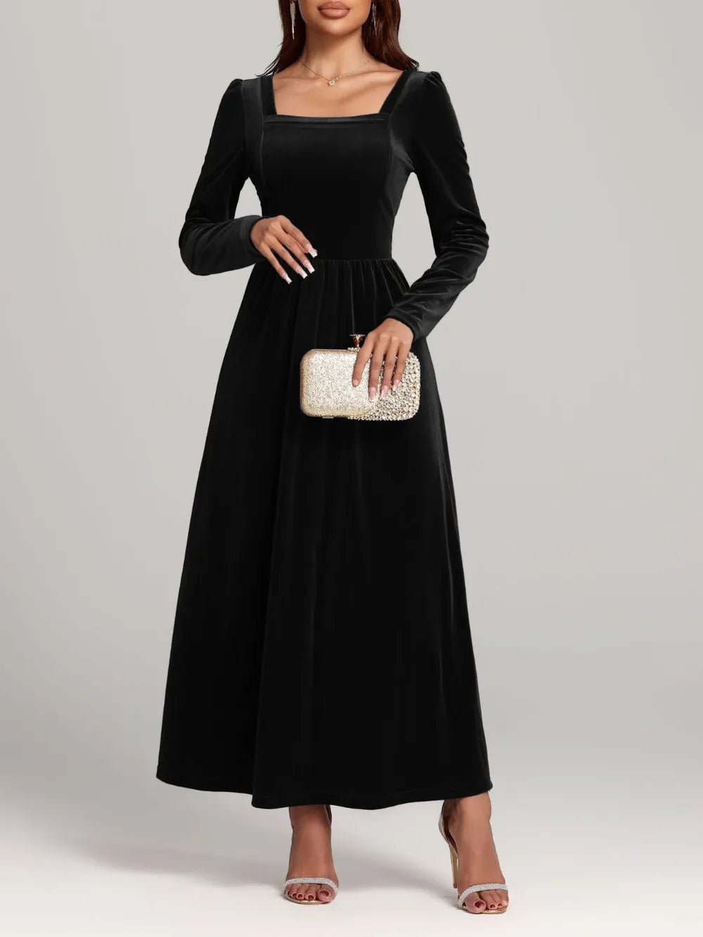 Velvet Square Neck Long Sleeve Dress - Blushé Belle
