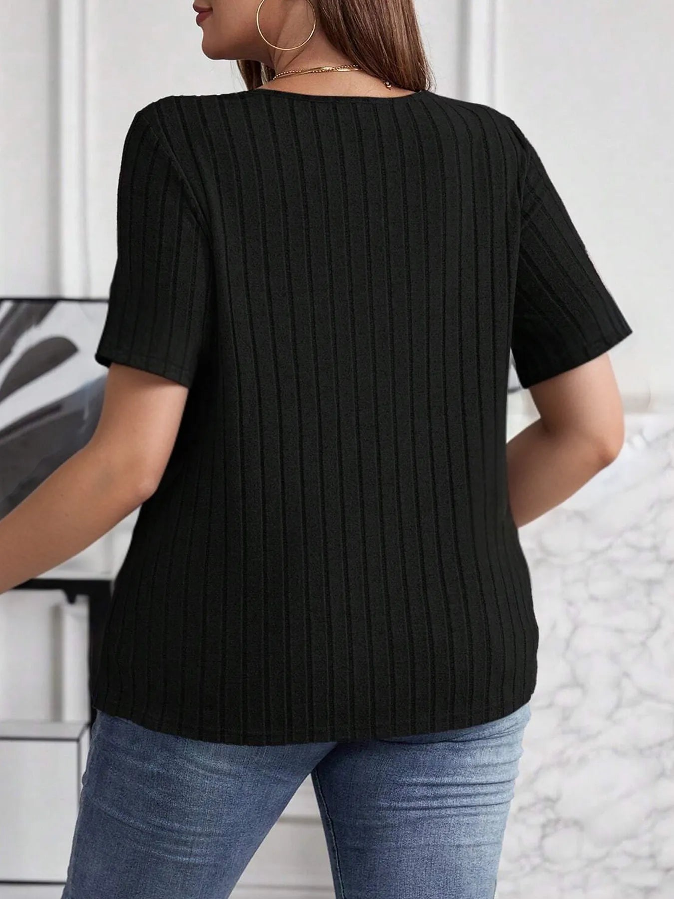 Plus Size V-Neck Short Sleeve Ribbed T-Shirt - Blushé Belle