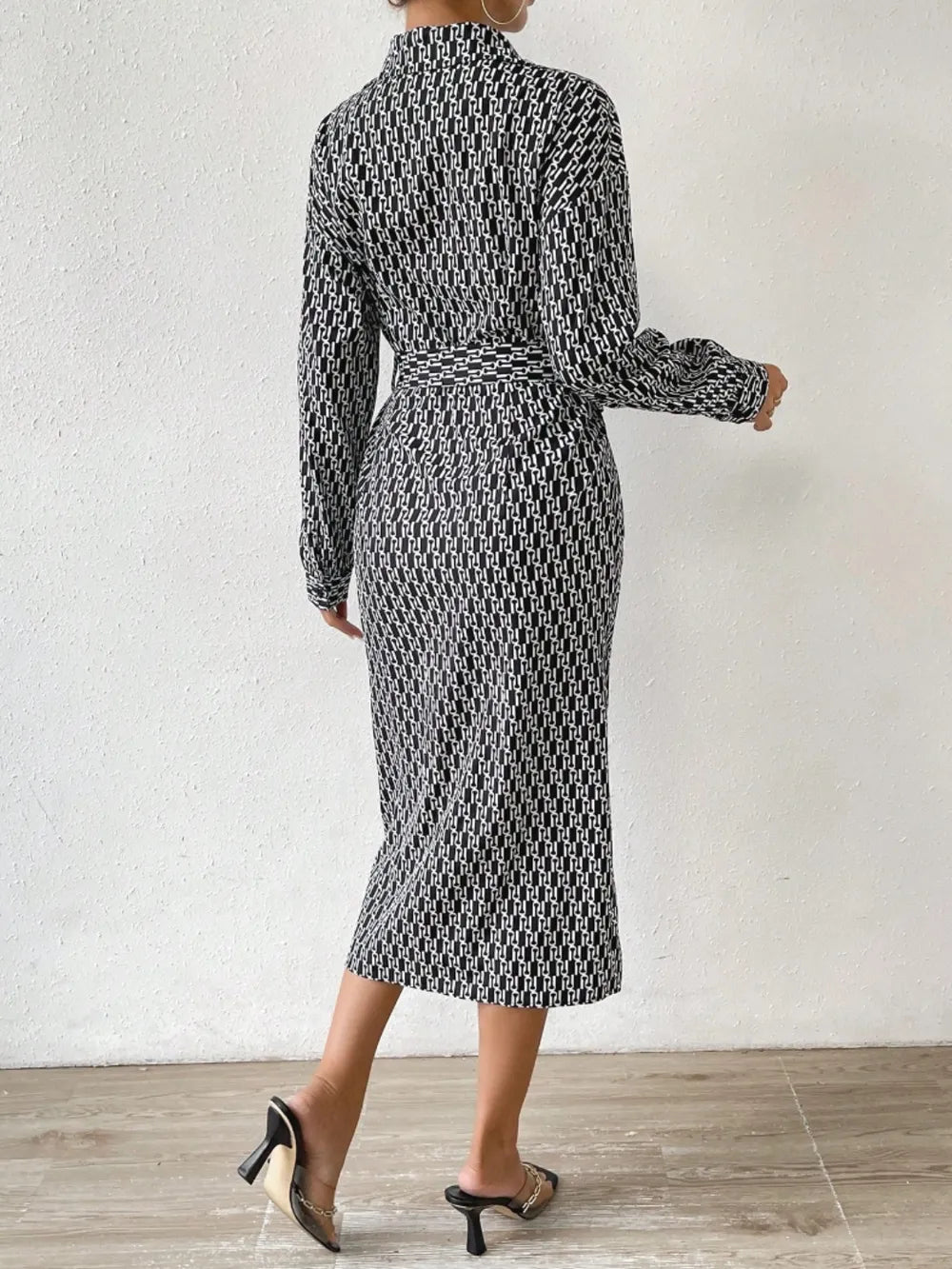 Printed Tie Waist Long Sleeve Midi Shirt Dress - Blushé Belle