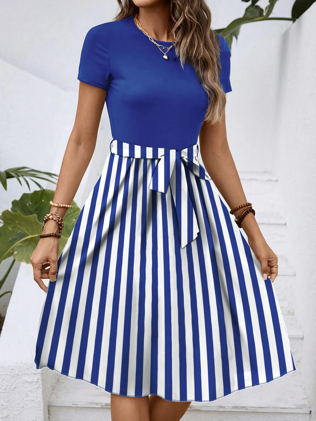 Striped Round Neck Short Sleeve Dress - Blushé Belle