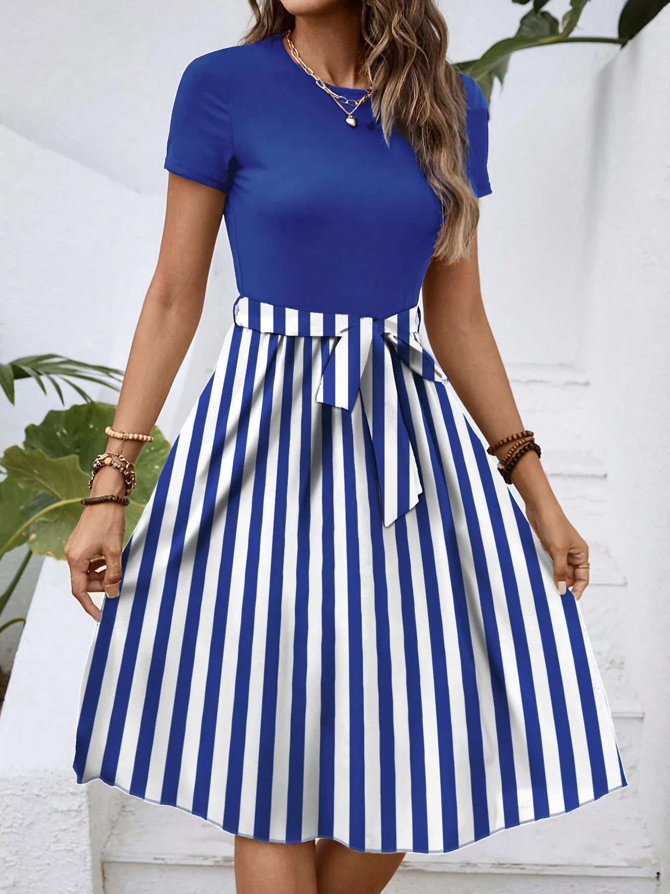 Striped Round Neck Short Sleeve Dress - Blushé Belle