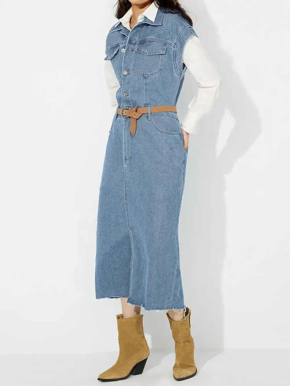 Slit Half Button Collared Neck Cap Sleeve Denim Dress - Blushé Belle
