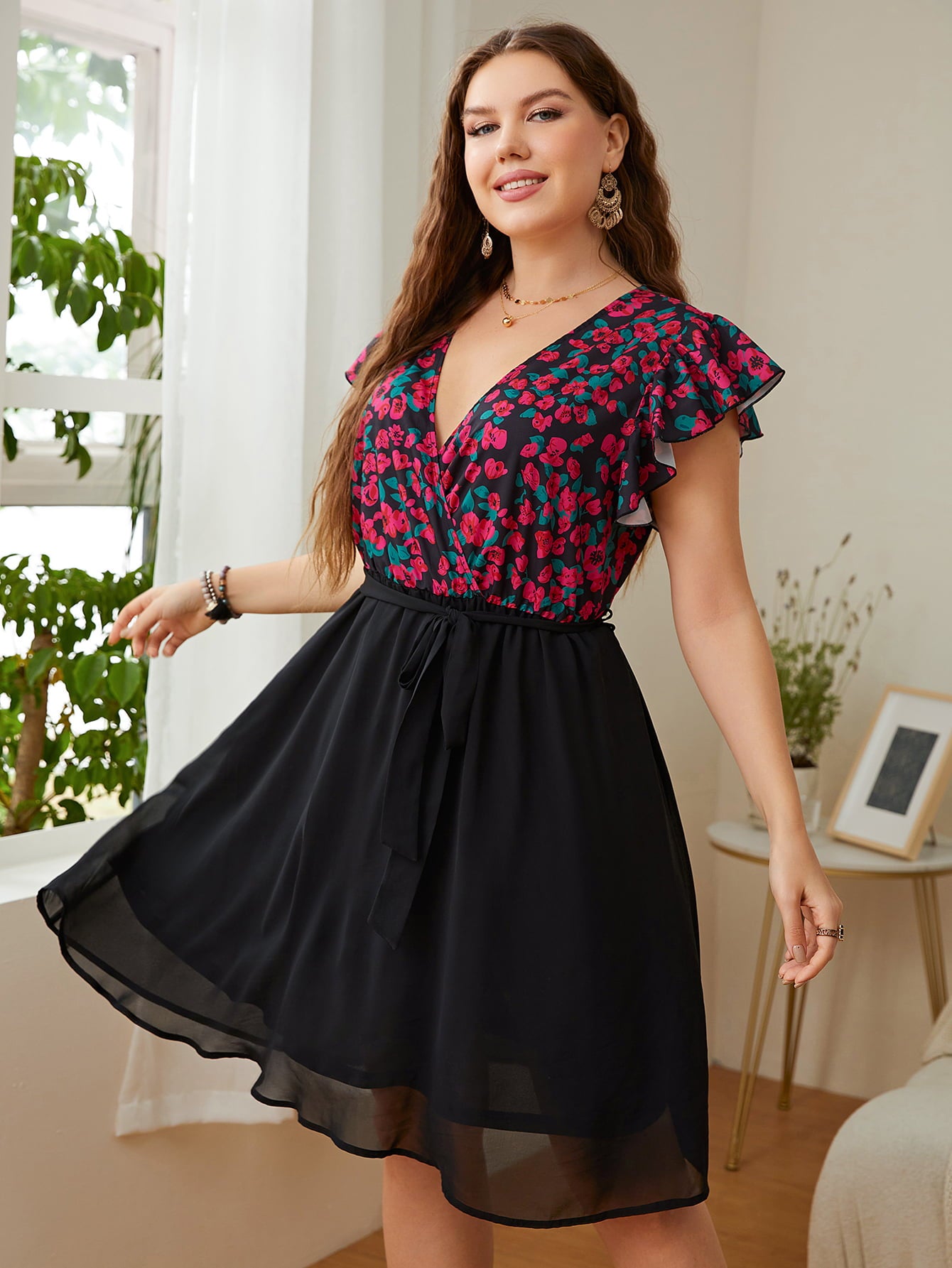 Honey Plus Size Floral Surplice Neck Flutter Sleeve Dress - Blushé Belle