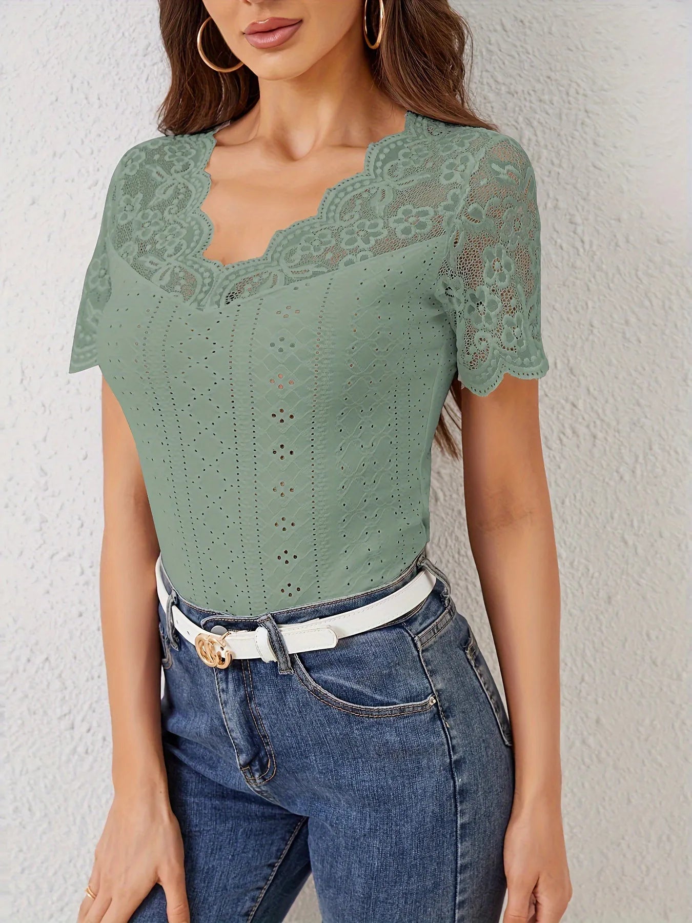 Lace Trim Eyelet Embroidered Summer T-Shirt - Blushé Belle