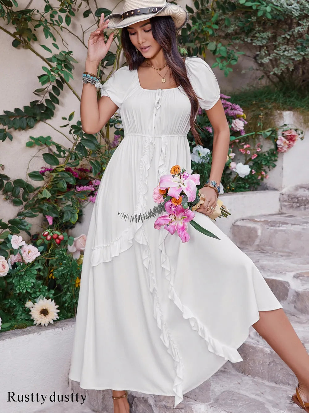Ruffled Square Neck Short Sleeve Dress - Blushé Belle