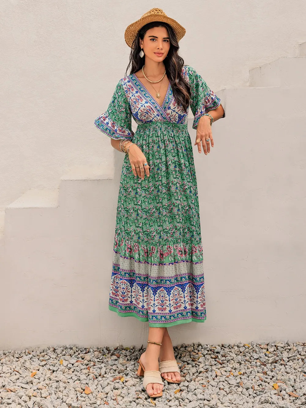 Ruched Printed Flounce Sleeve Midi Dress - Blushé Belle