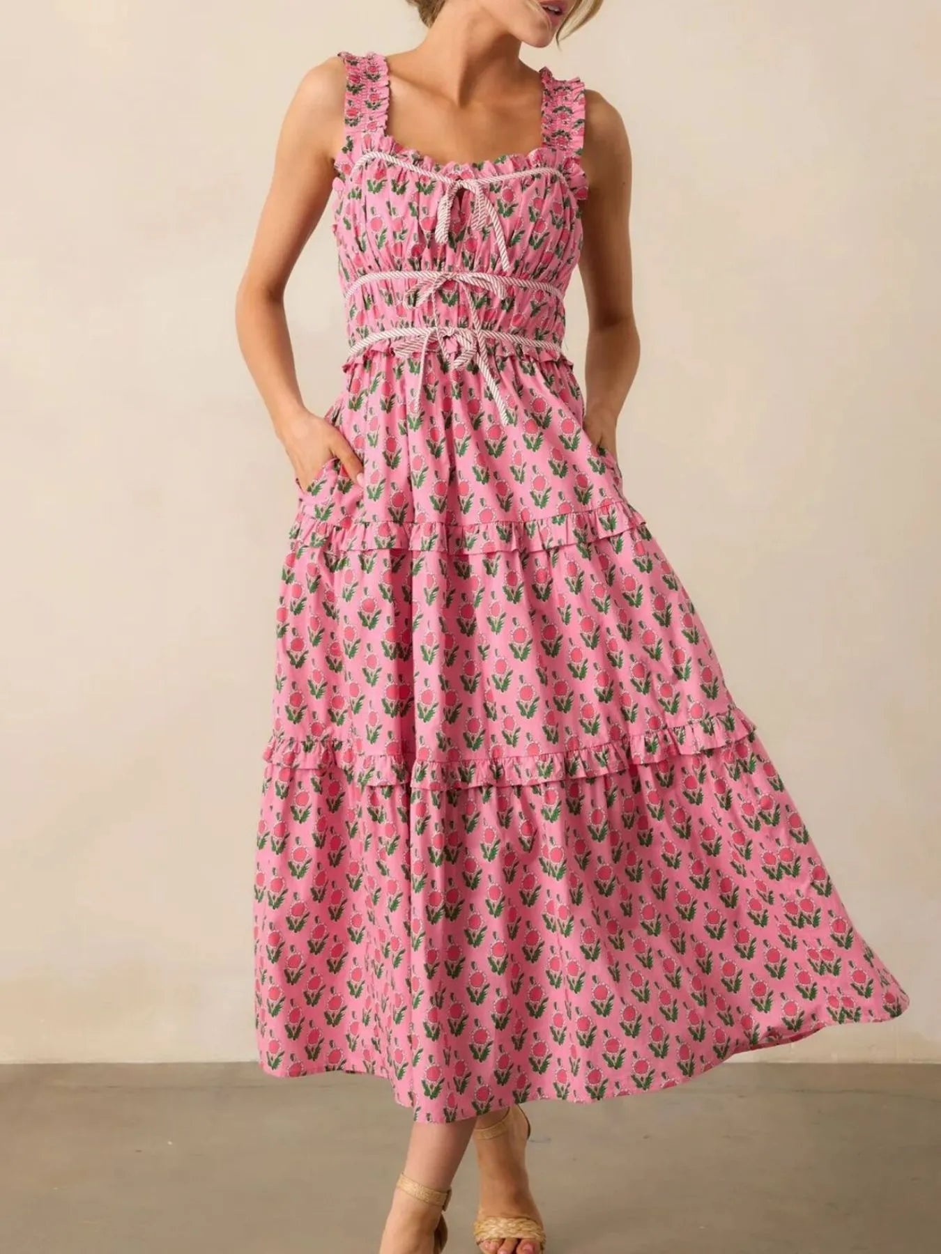 Floral Print Ruffled Midi Dress with Pockets - Blushé Belle