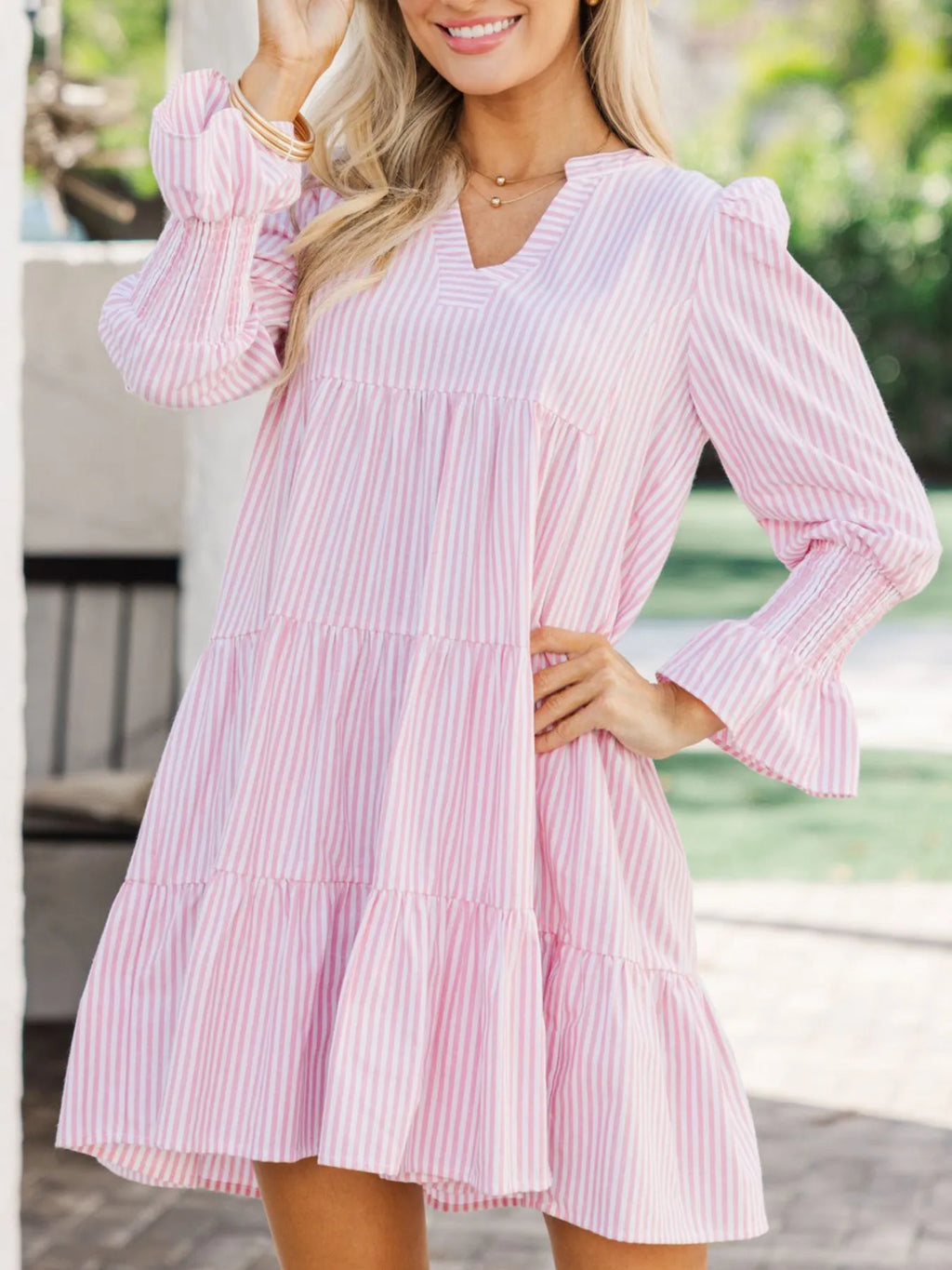 Striped Tiered Flounce Sleeve Shirt Dress - Blushé Belle
