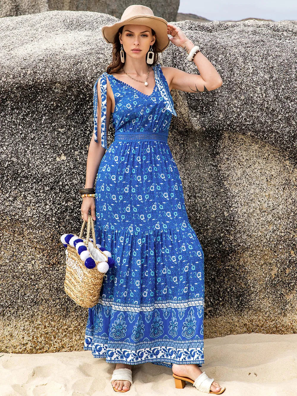 Printed V-Neck Tie Shoulder Dress - Blushé Belle