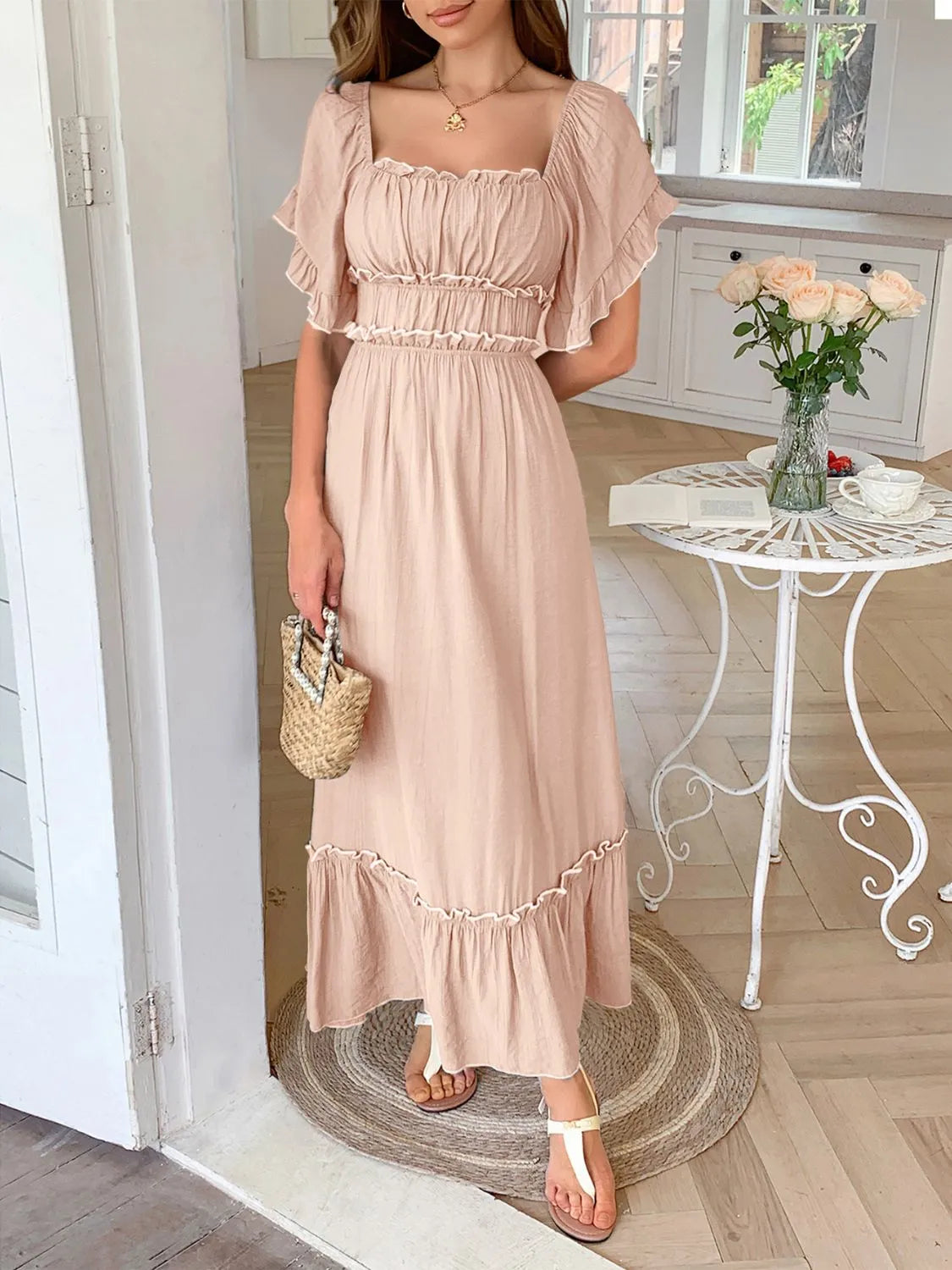 Square Neck Puff Sleeve Ruffle Trim Maxi Dress - Blushé Belle
