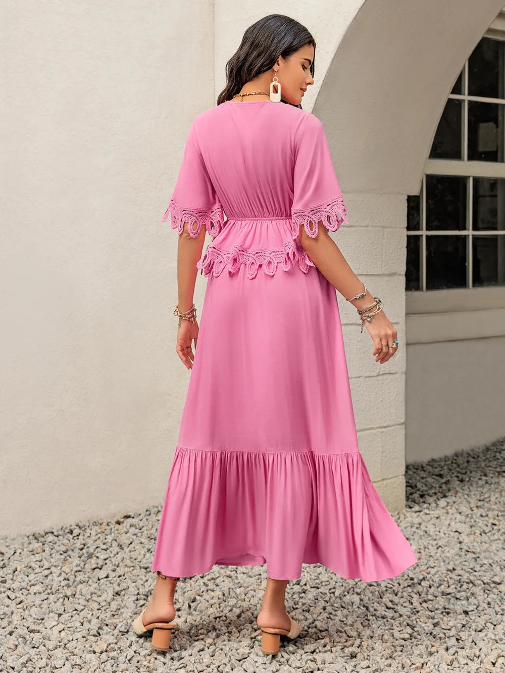 Lace Detail V-Neck Half Sleeve Midi Dress - Blushé Belle