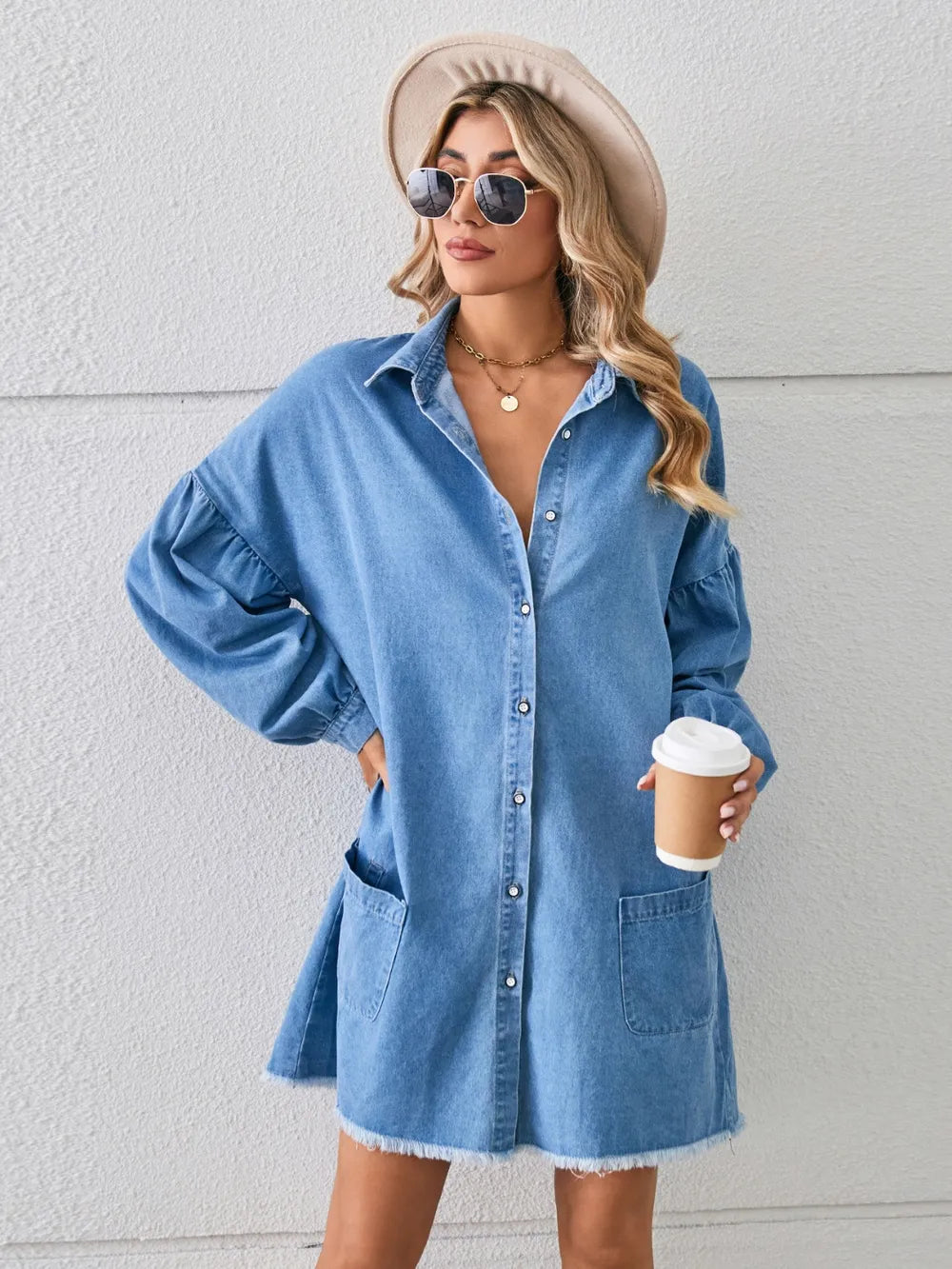 Button Up Pocketed Raw Hem Denim Dress - Blushé Belle