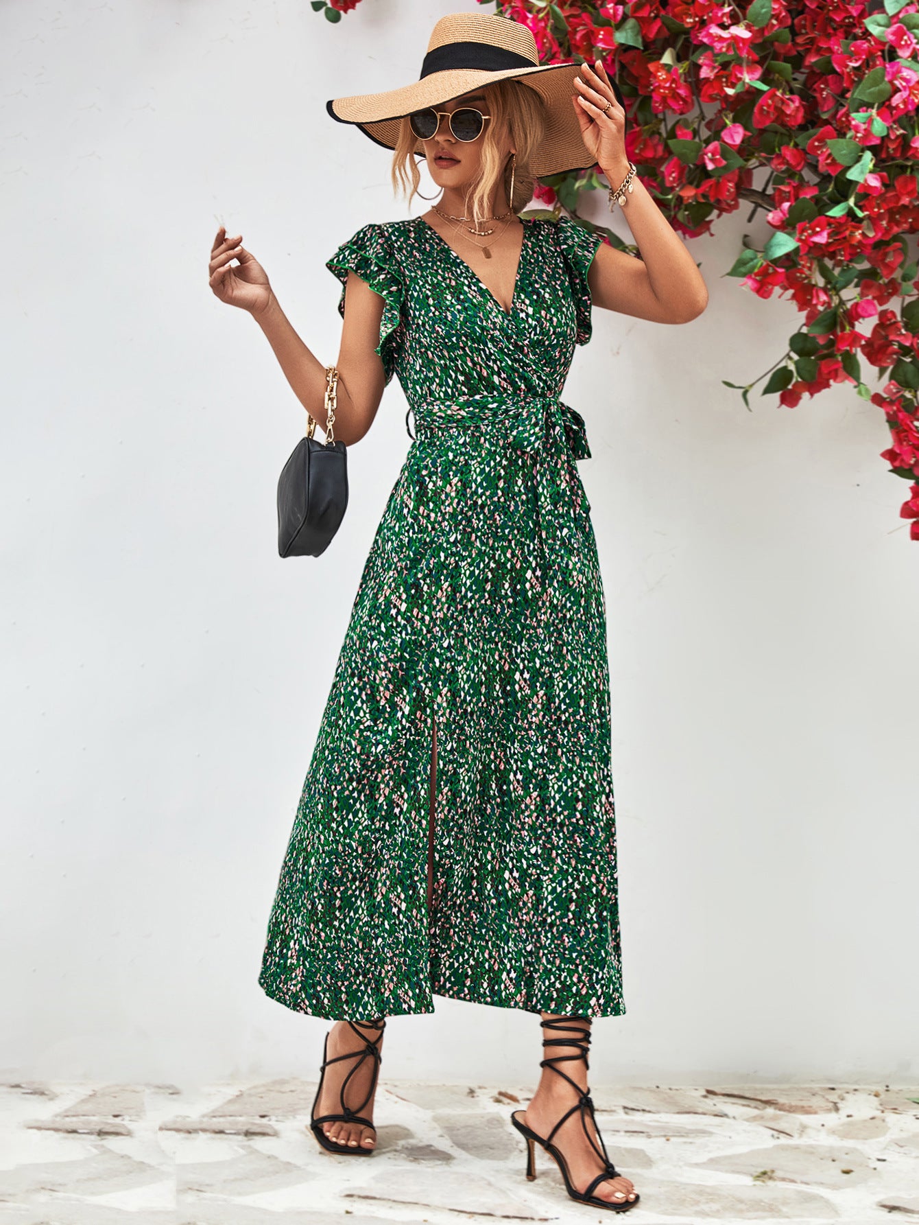 Printed Surplice Neck Flutter Sleeve Slit Dress - Blushé Belle