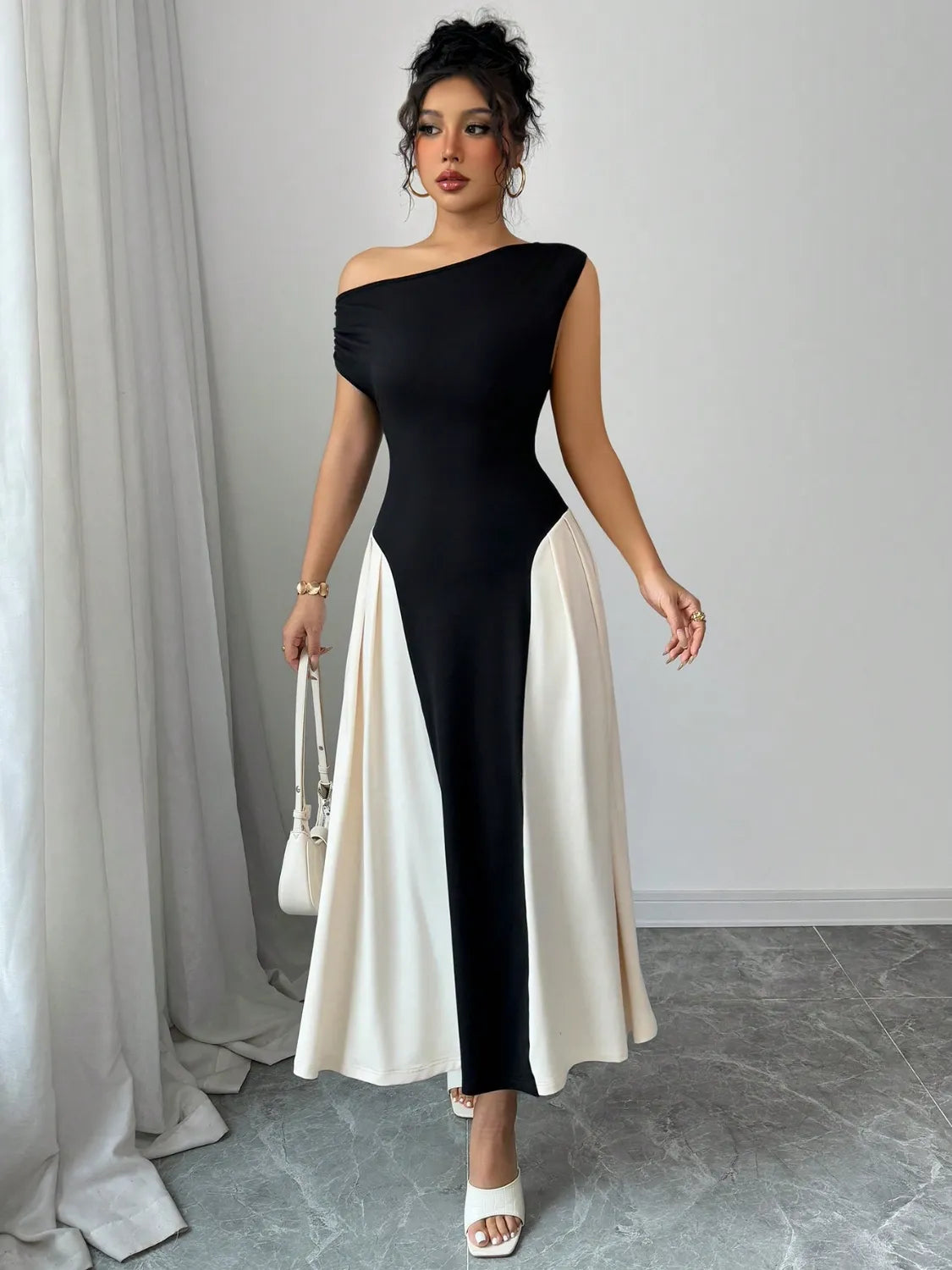 Contrast Single Shoulder Midi Dress - Blushé Belle