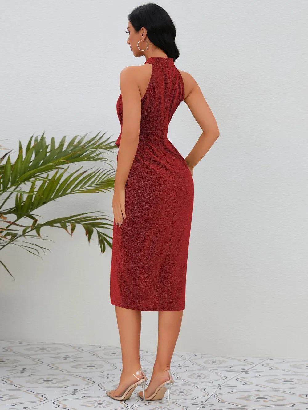 Slit Ruched Mock Neck Sleeveless Dress - Blushé Belle