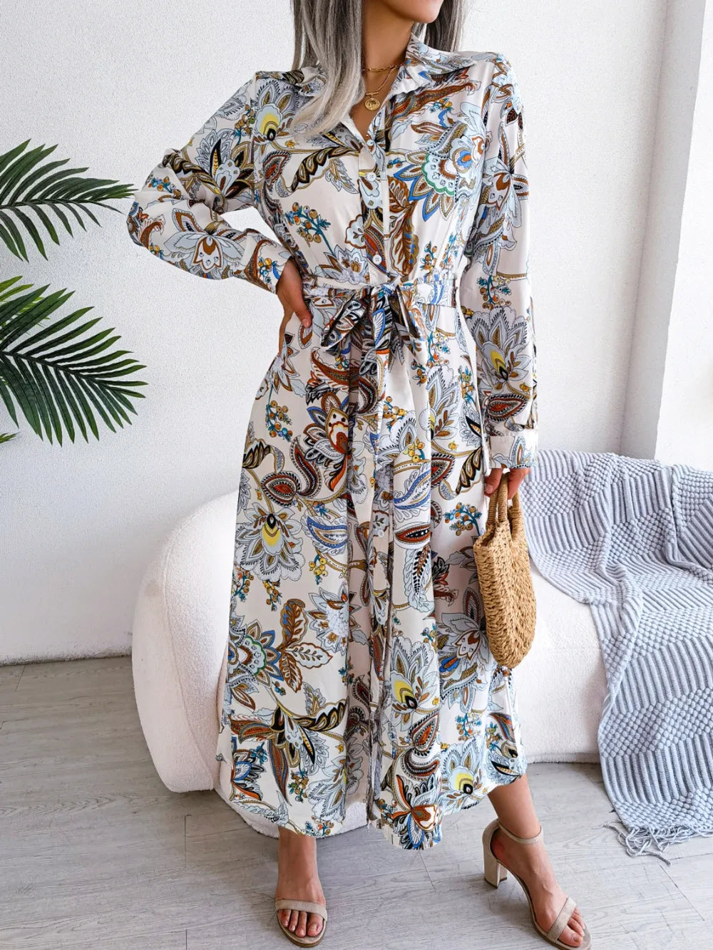Tied Printed Long Sleeve Midi Dress - Blushé Belle