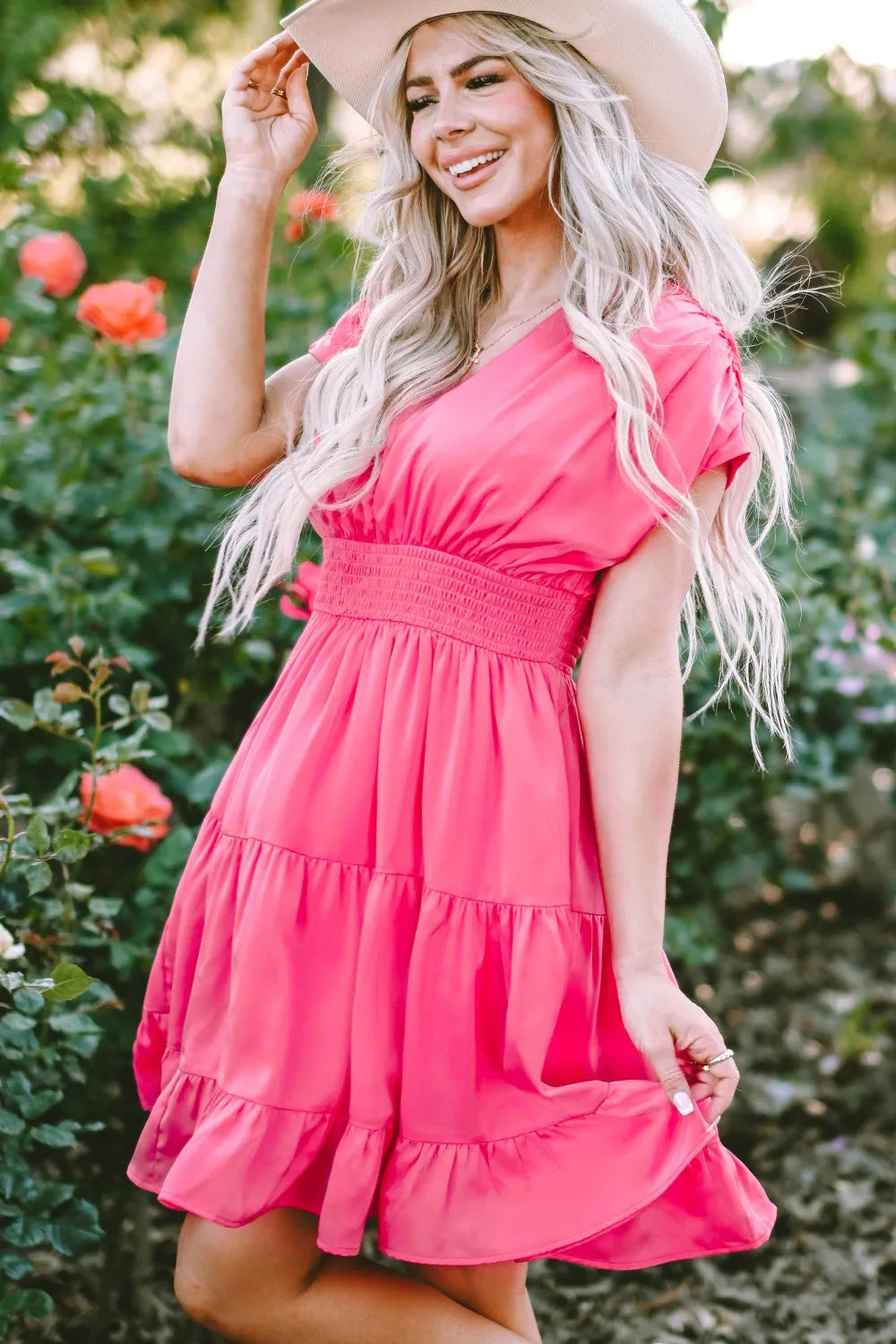 Smocked V-Neck Cap Sleeve Dress - Blushé Belle
