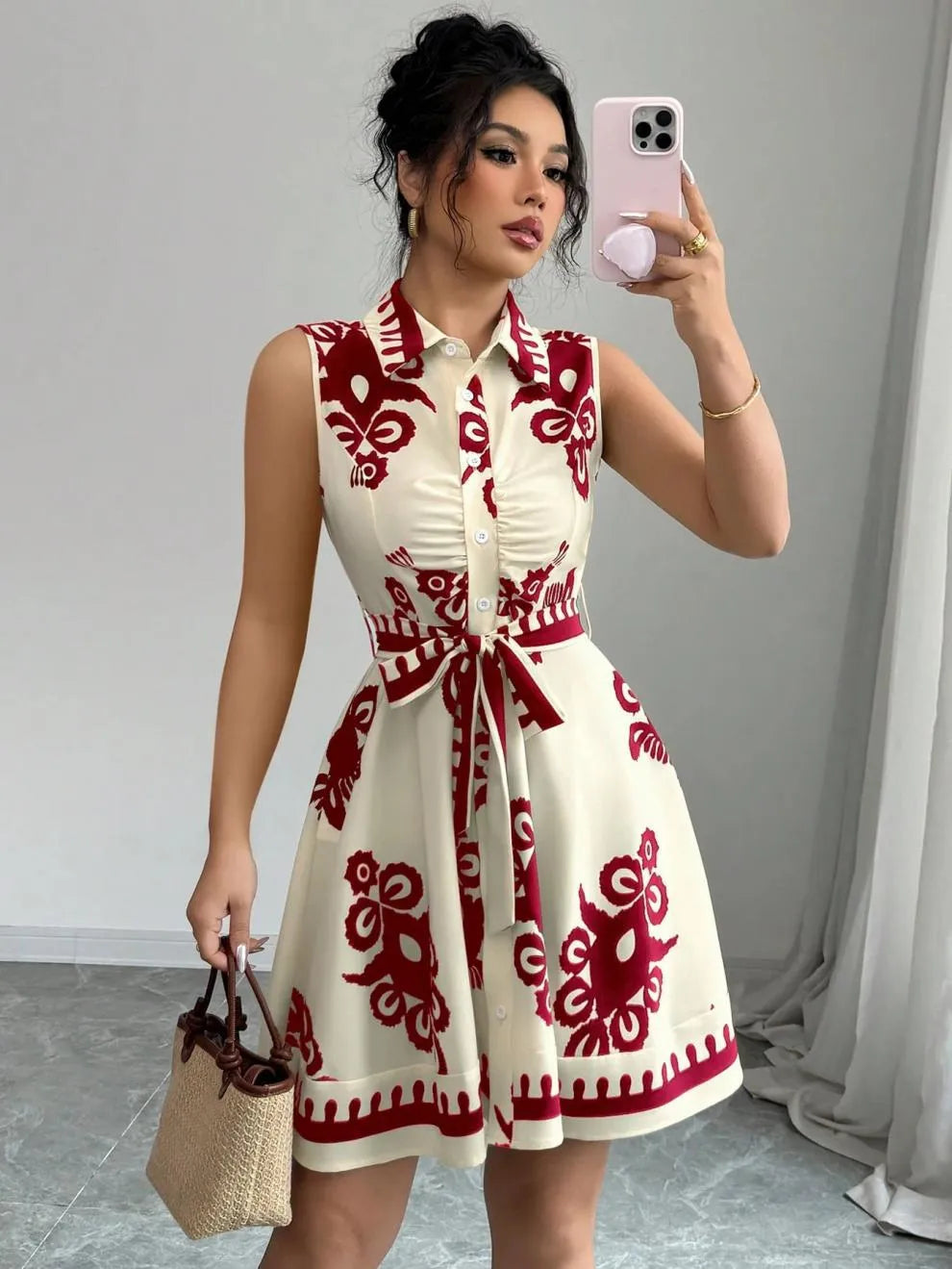 Printed Sleeveless Button Front Dress - Blushé Belle