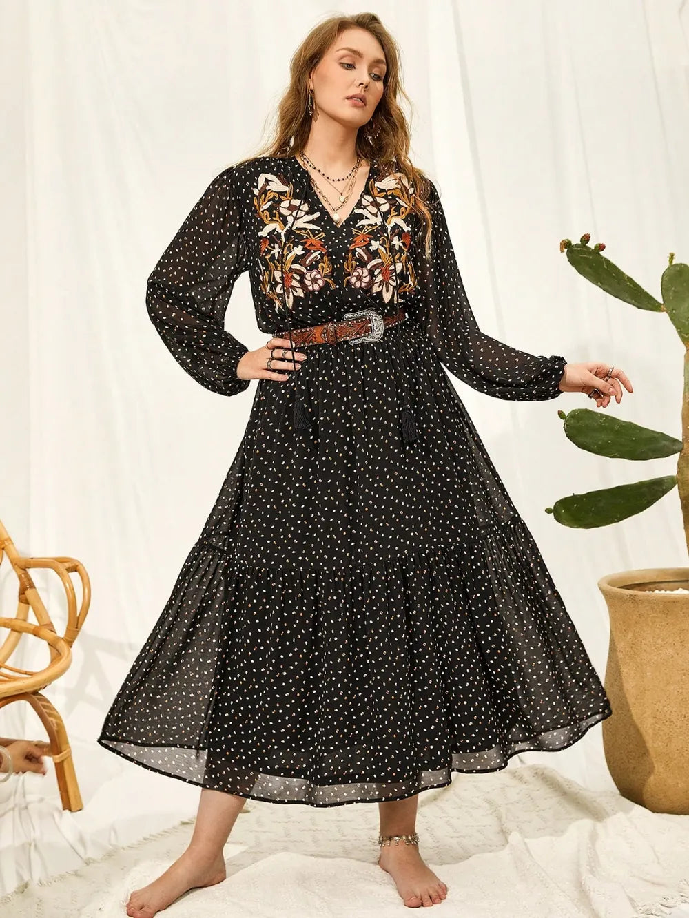 Plus Size Embroidered Tassel Balloon Sleeve Dress - Blushé Belle