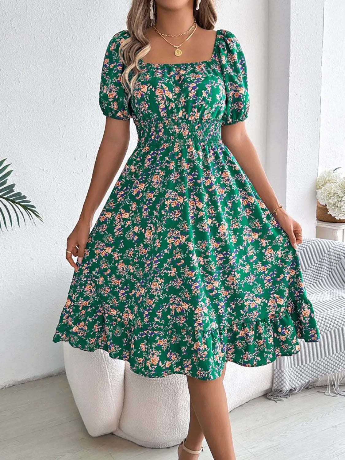 Ruffled Hem Floral Puff Sleeve Dress - Blushé Belle