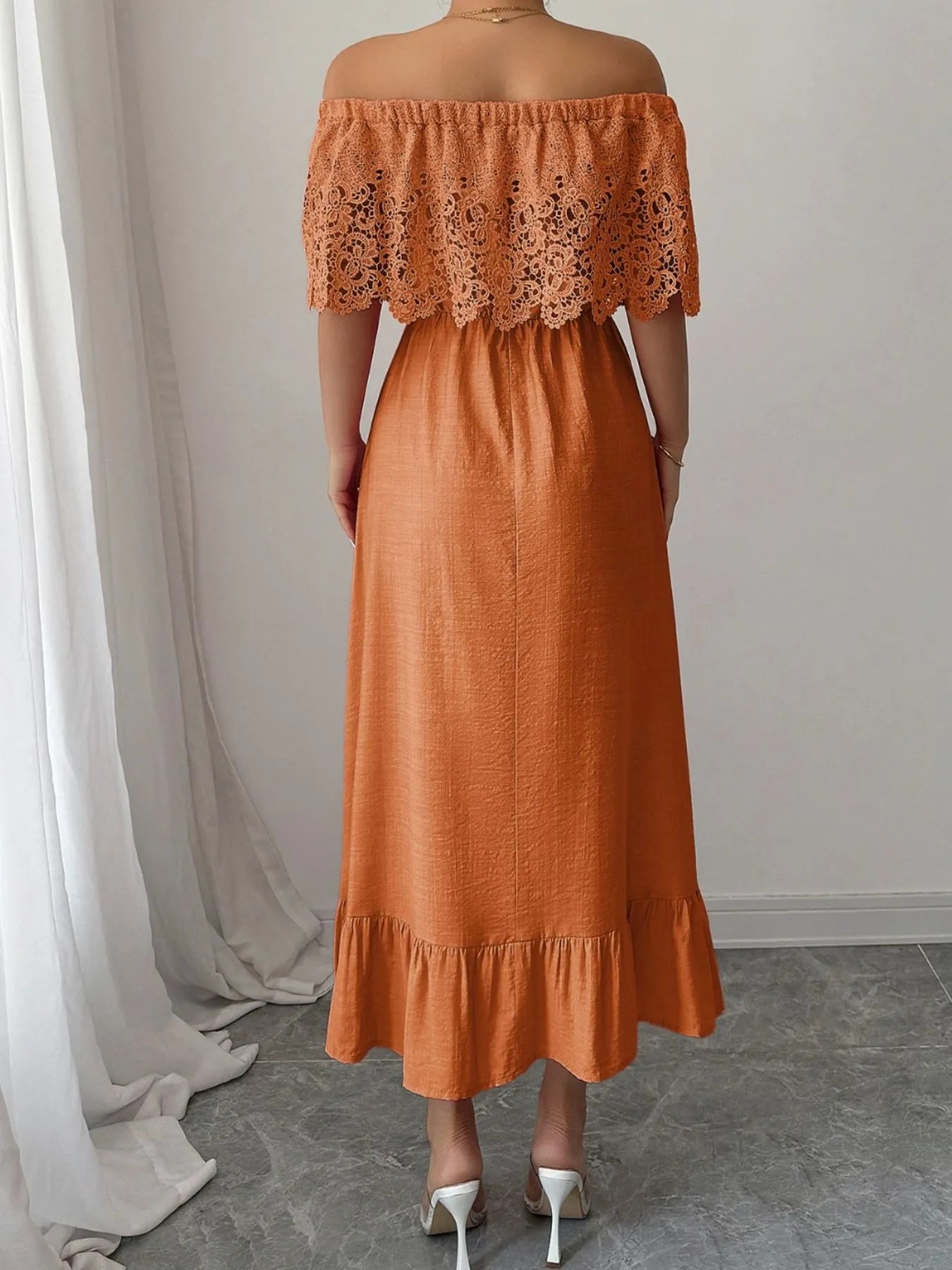 Off-Shoulder Lace Ruffle Midi Dress - Blushé Belle