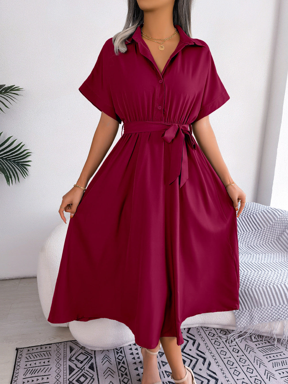 Short Sleeve Collared Tie Belt Dress - Blushé Belle