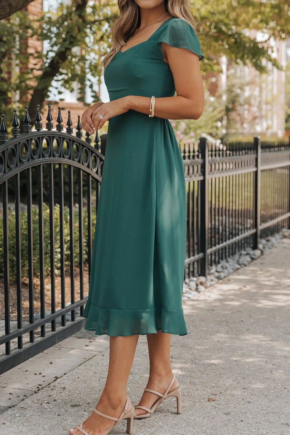 Cutout Ruffle Hem Cap Sleeve Dress - Blushé Belle