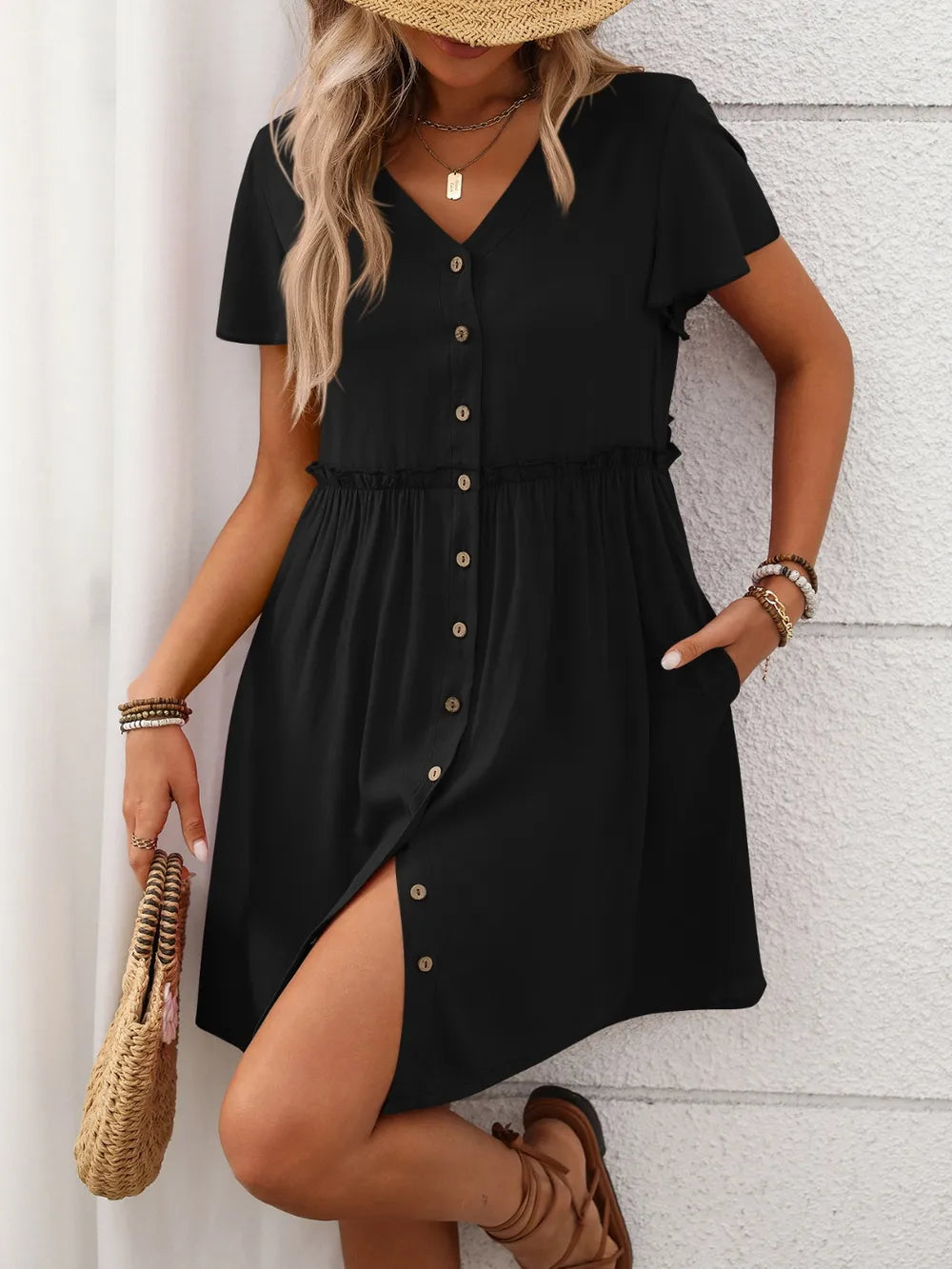Button Front Flutter Sleeve Dress - Blushé Belle