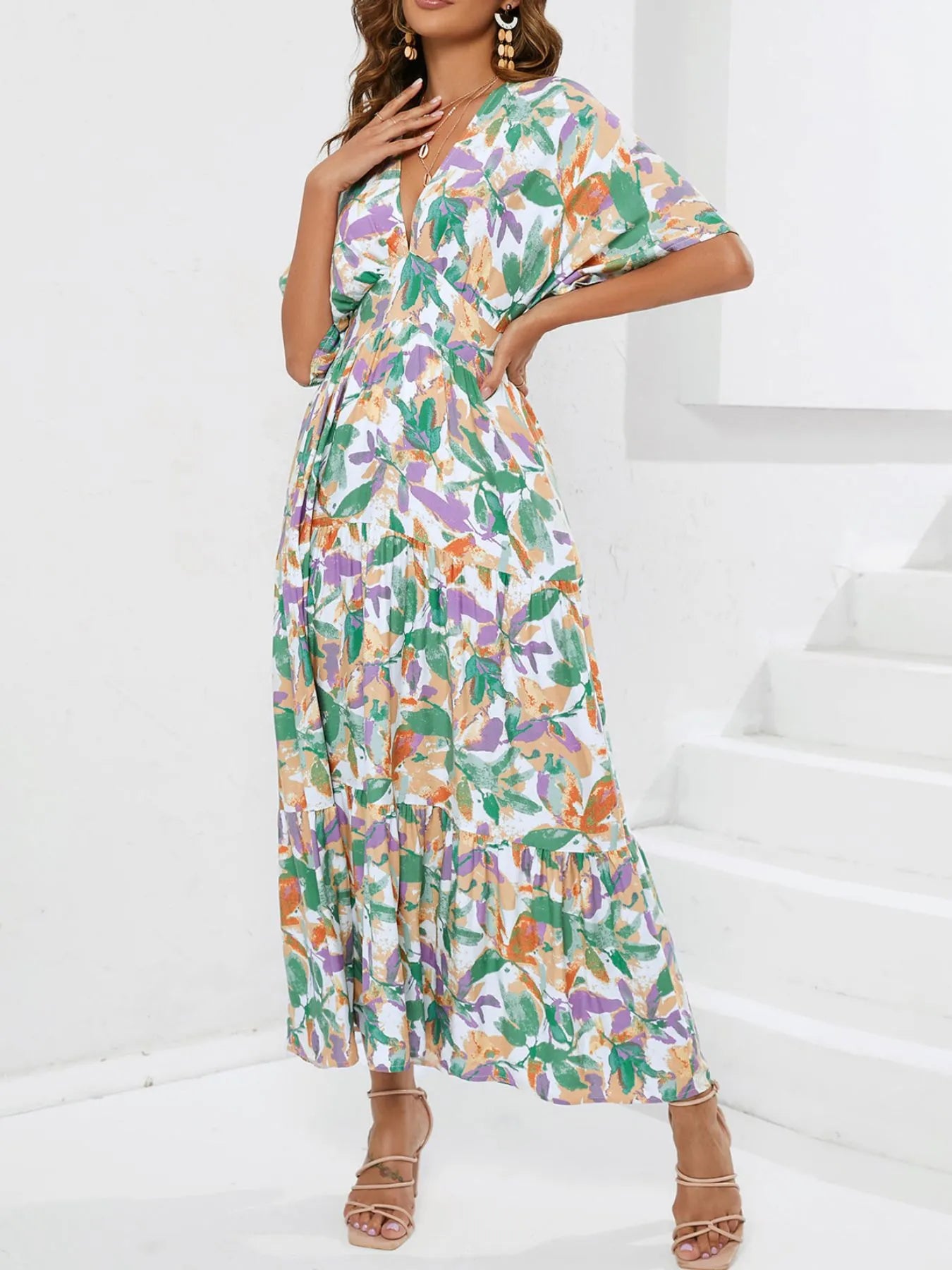 Floral Print V-neck Boho Midi Dress - Blushé Belle