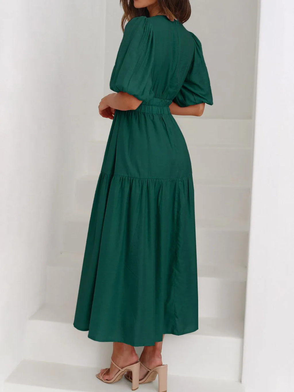 V-Neck Puff Sleeve Midi Dress - Blushé Belle