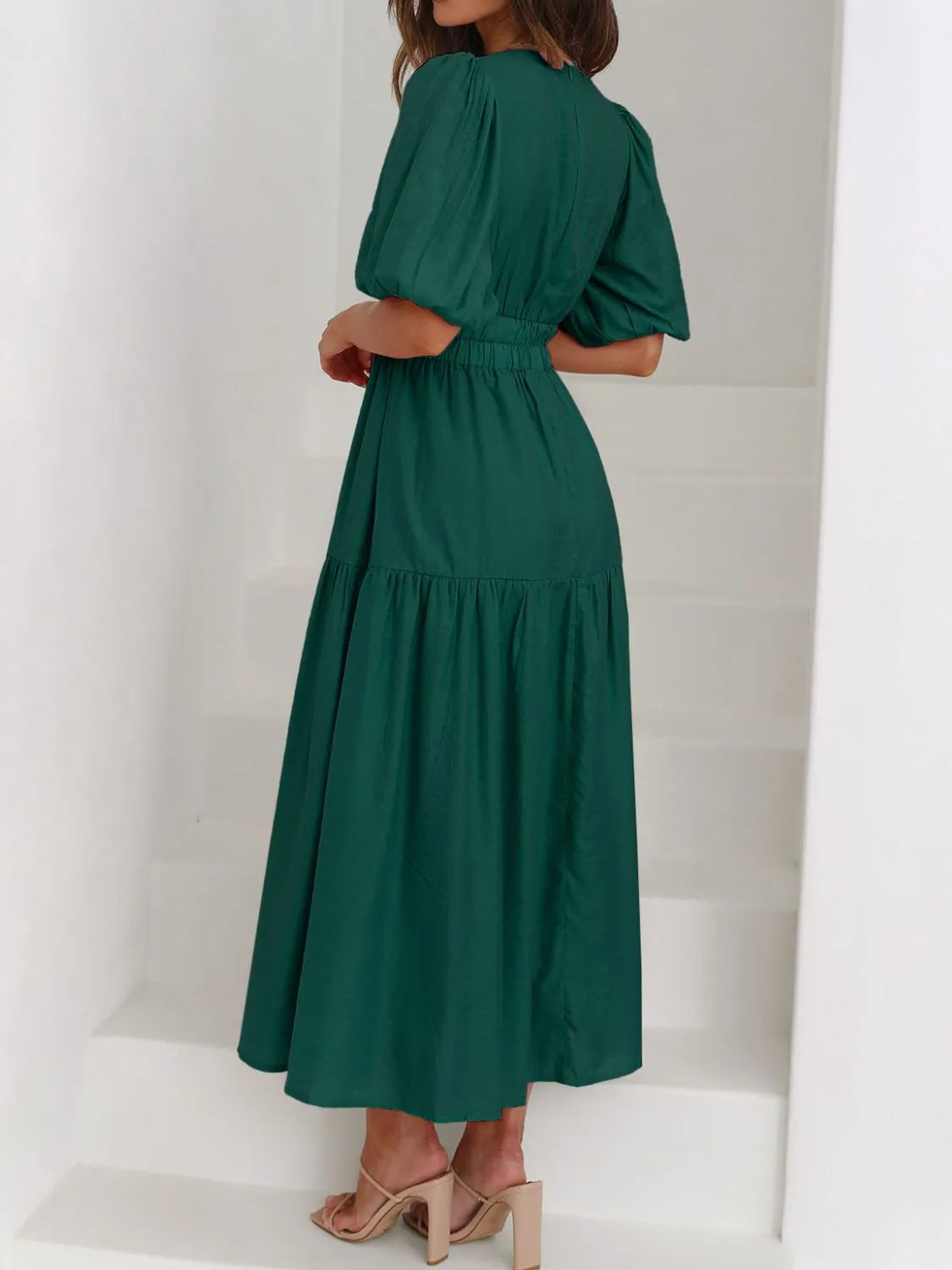 V-Neck Puff Sleeve Midi Dress - Blushé Belle