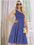 One-Shoulder Tiered Midi Dress with Smocked Bodice - Blushé Belle
