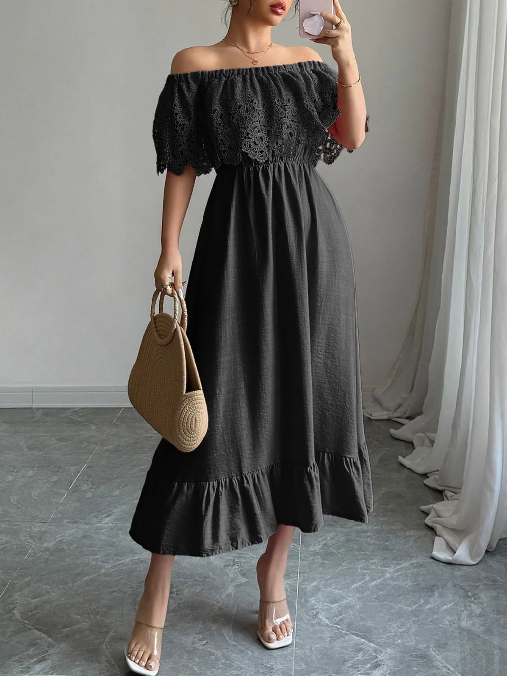 Off-Shoulder Lace Ruffle Midi Dress - Blushé Belle